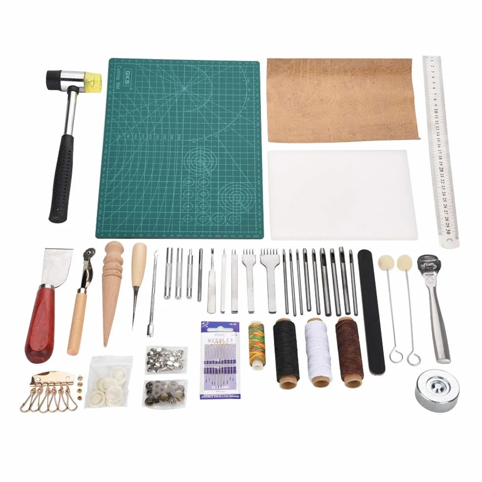 Phefop Juego de 42 Herramientas para Manualidades de Cuero, Kit de Peletería, Herramientas de Costura de Cuero con 42 Manuales para Coser Tela de y Lienzo