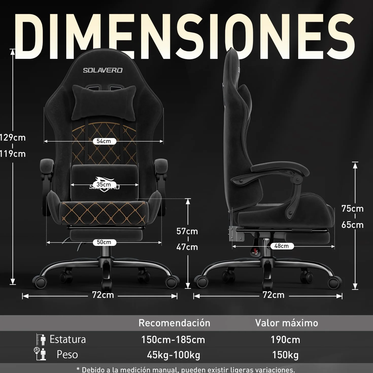 SOLAVERO Silla Gaming de Tejido de Antelina, Silla Gamer Ergonómica con Soporte Lumbar Masaje, Sillón Gamer con Reposapiés Telescópico, Capacidad 150KG, Cadeira Gaming Negro