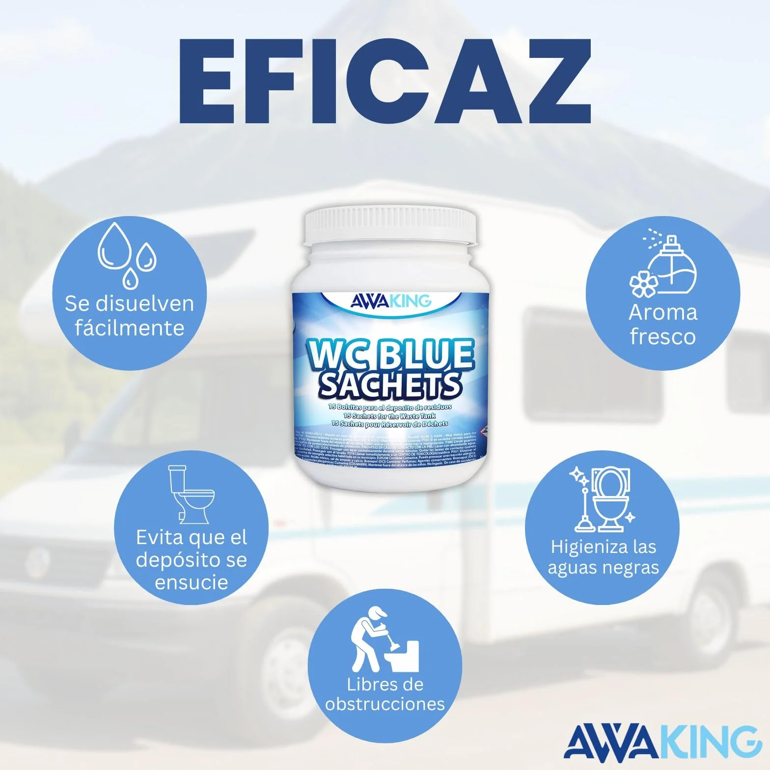 Pastillas WC Quimico Autocaravana Blue Sachets 15ud Limpia Desodoriza Aroma Fresco Depósito Aguas Negras Potti Cassete Caravana Camper