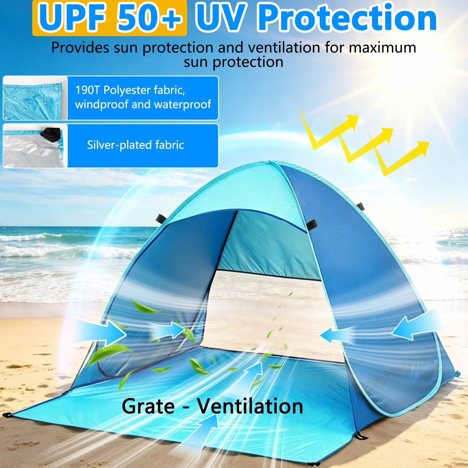 Carpa Playa Pop Up UV 50+ Protección Viento 1-3 Personas Bolsas Almacenamiento Clavos Suelo Azul