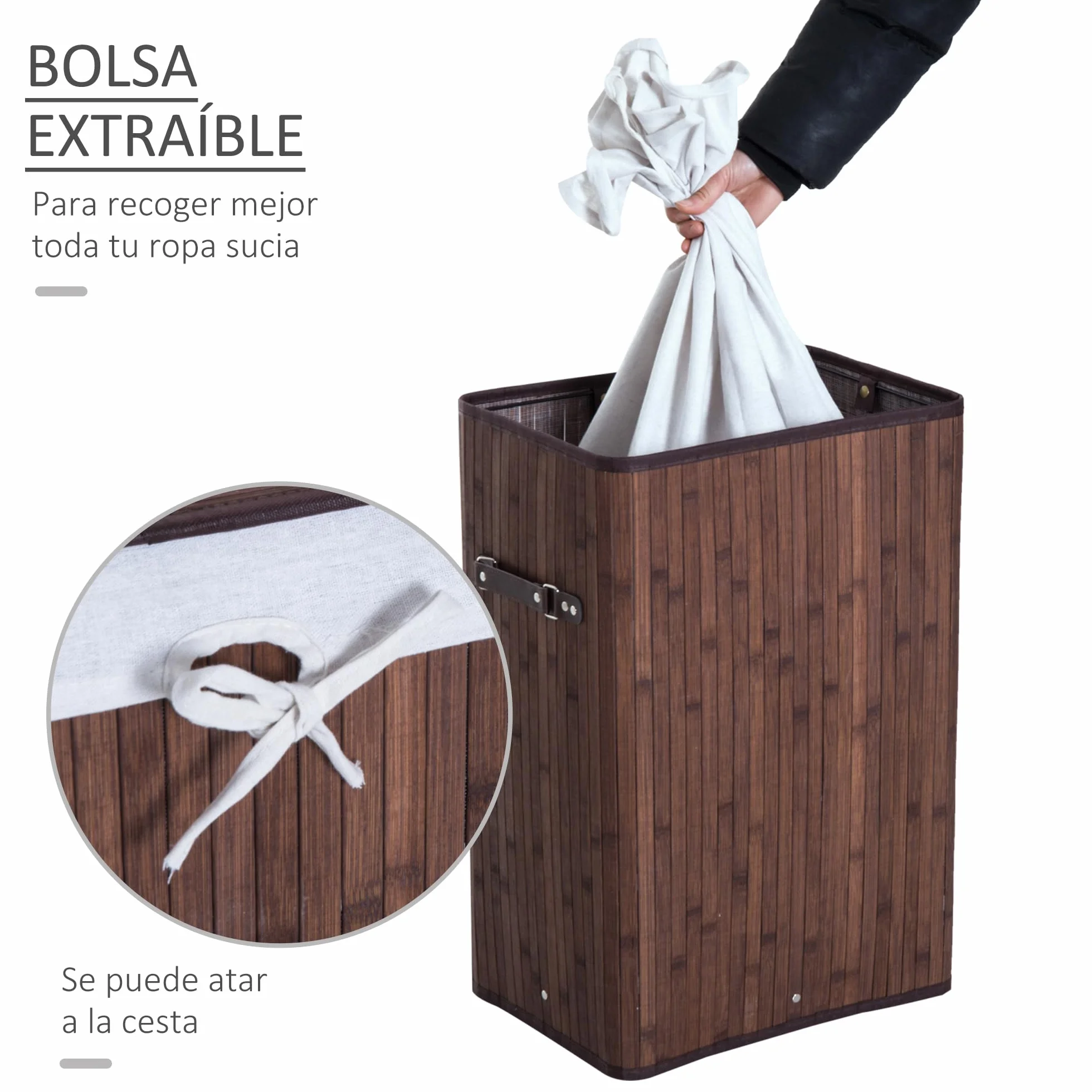 HOMCOM Cesto de Ropa Sucia Plegable con Tapa 67L, Cesta Ropa Sucia de Bambú, 2 Compartimentos, Bolsa Extraíble, para Dormitorio, Baño, Lavandería, 40x30x60 cm, Marrón