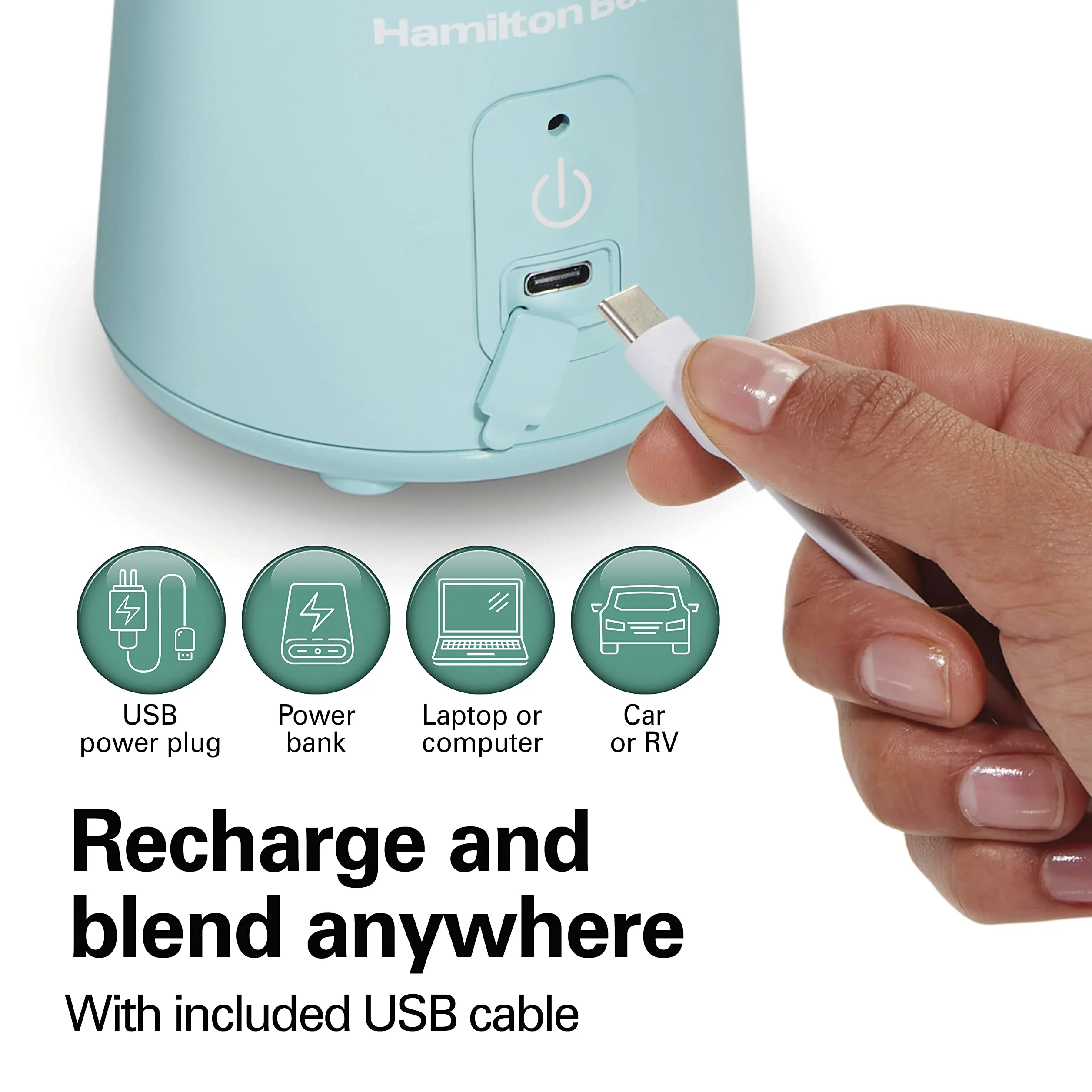 Hamilton Beach Batidora personal portátil inalámbrica para batidos y batidos, recargable por USB, tarro de 16 onzas con tapa de viaje a prueba de fugas, 6 cuchillas de acero inoxidable, azul (51182)