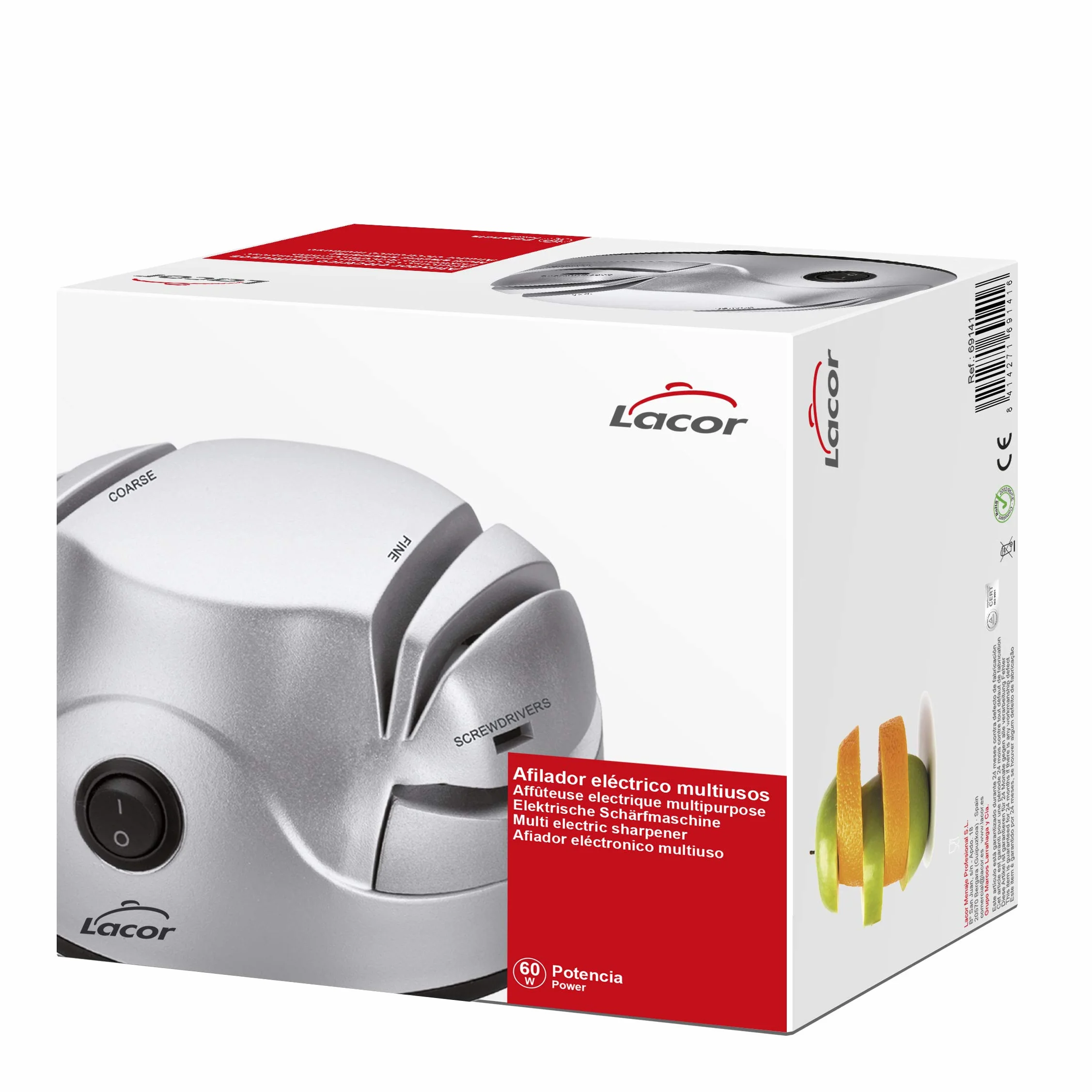 LACOR 69141 Afilador de Cuchillos Eléctrico, Cuatro ranuras con ventosa, Afila Cuchillos, Tijeras, Destornilladores, Seguro y fácil de usar, Potencia 60W, Pequeño y Compacto, Gris, 13 x 15 x 10 cm