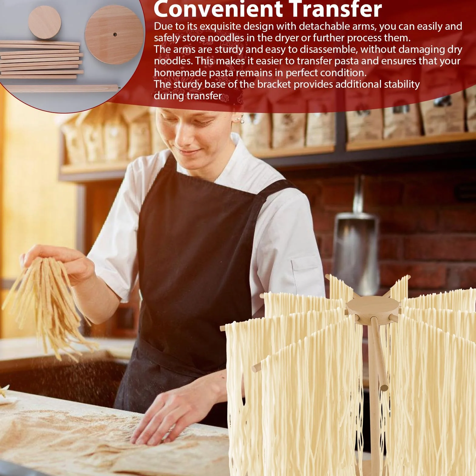 Secador de fideos, soporte para pasta de madera, secado con 9 brazos extraíbles, soporte para pasta para secar hasta 4,5 kg con base, soporte para secadora de pasta para cocina doméstica