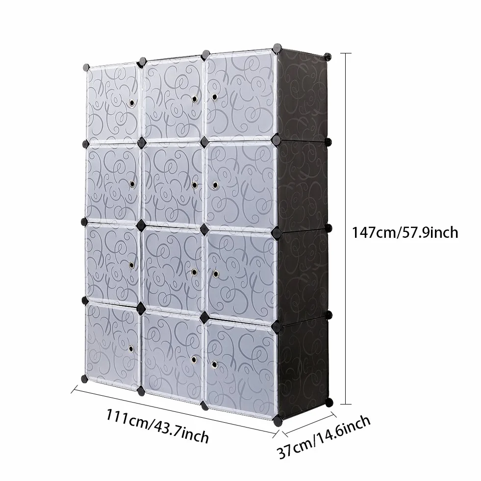 Mondeer Armario Plástico Opaco Ropero Estante Organizador Portable Aparador Gran Espacio con Dibujos de Estilo Clásico Blanco y Negro (12 Cubo)