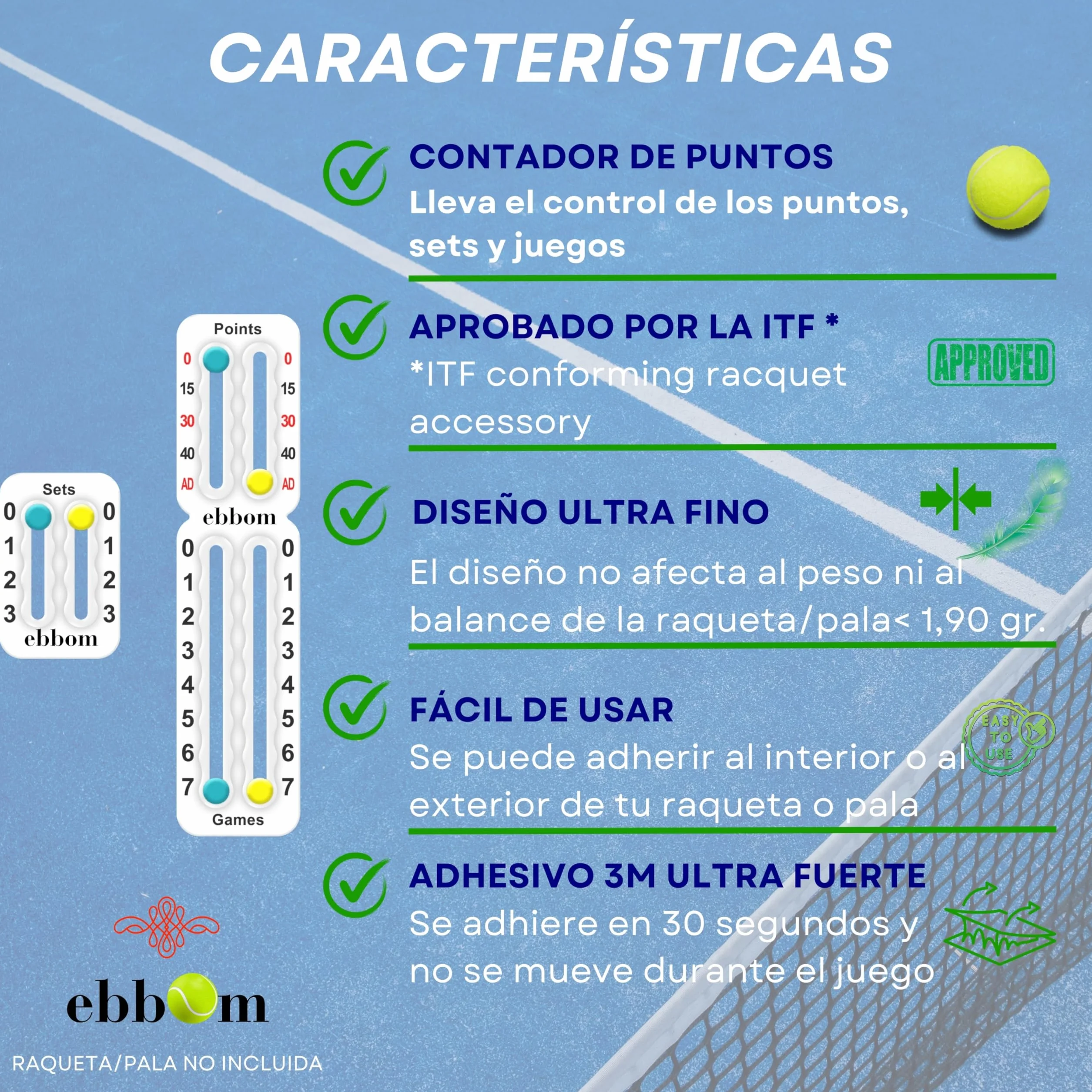 Contador Puntos Padel y Tenis Ultraligero Adhesivo 3M- Incluye 2 Overgrips B/N y 1 Limpiador – Adaptable a Todas Raquetas y Palas - Padel Accesorios - Contador de Puntos Padel
