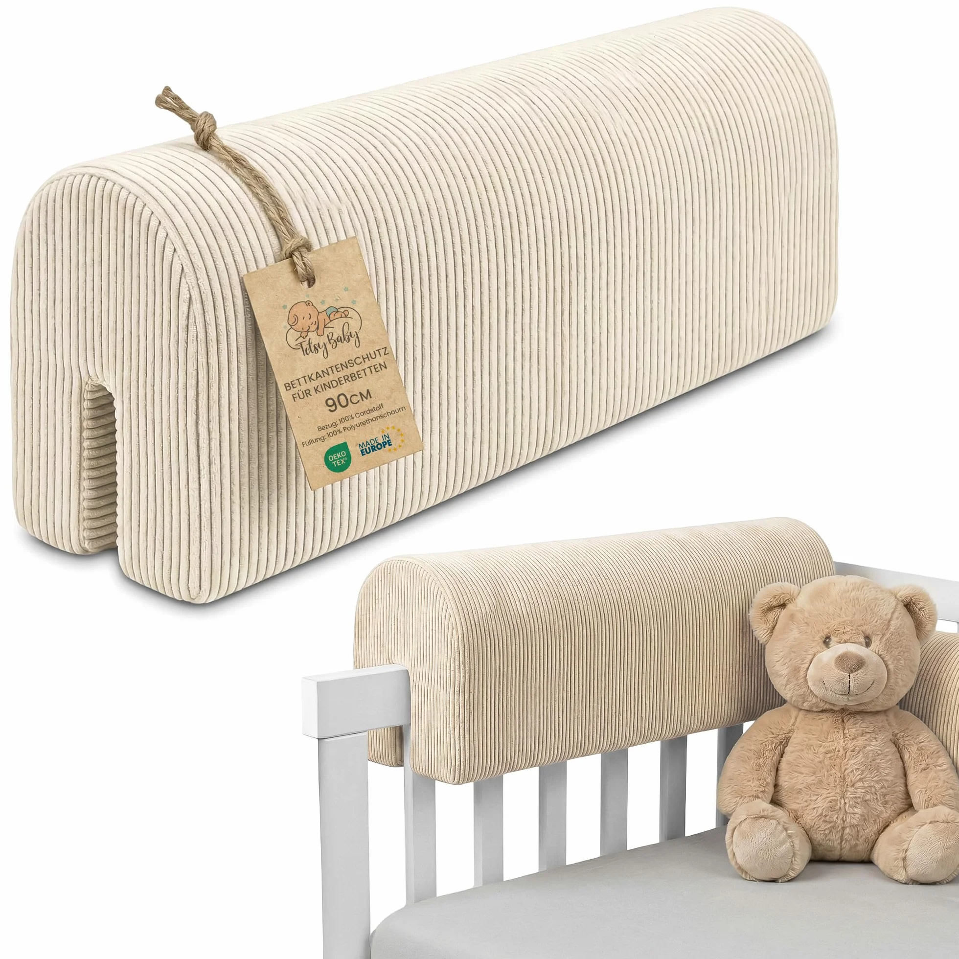 Totsy Baby Chichoneras Cuna Parachoques cunas Bebe 90 cm - Protector Anti caida y Golpe Espuma de Barrera Seguridad niños y niñas para Cama Protection de Valla y Borde Infantil Pana Oeko-Tex Beige B