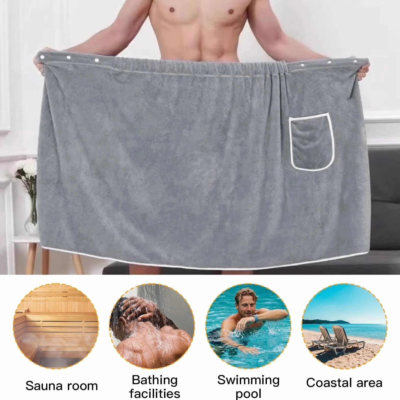 Kilt de Sauna para Hombre con Bolsillo, Toalla de Baño Elástica y Ajustable con Botones, 65 x 140 cm - Suave Felpa para SPA, Gimnasio, Ducha, Playa y Hogar, Color Gris