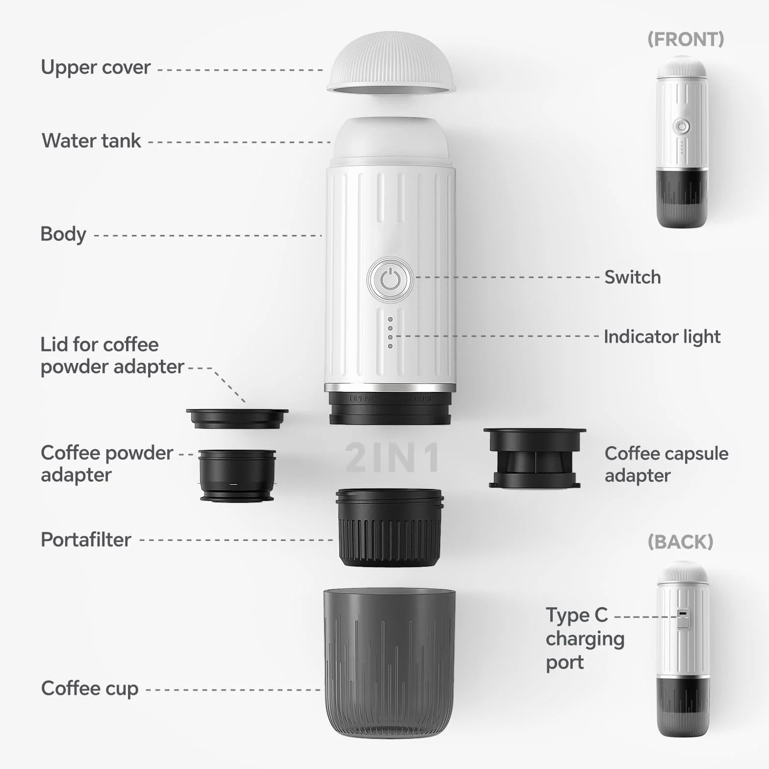 Máquina de café espresso eléctrica portátil, sistema de extracción de calor 2 en 1, cafetera espresso Crema Nespress, soporta café molido y cápsula NS, ME2218 (blanco)