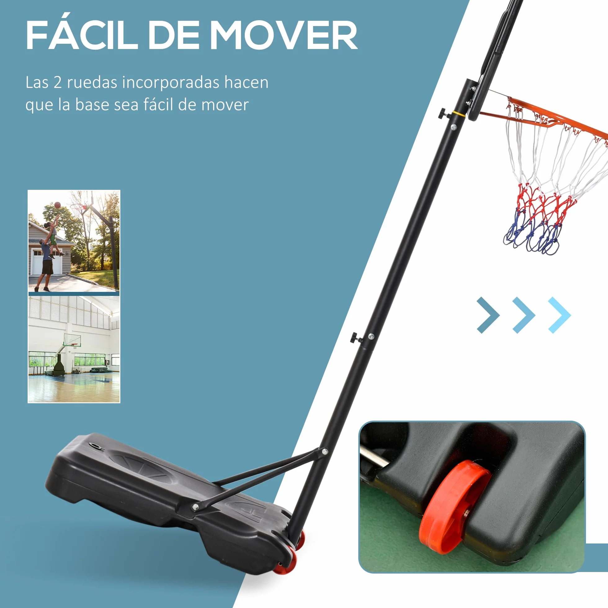 HOMCOM Canasta de Baloncesto Ajustable 205-261 cm Aro Portátil con Soporte de Acero Base Rellenable 2 Ruedas Transporte Rojo Negro