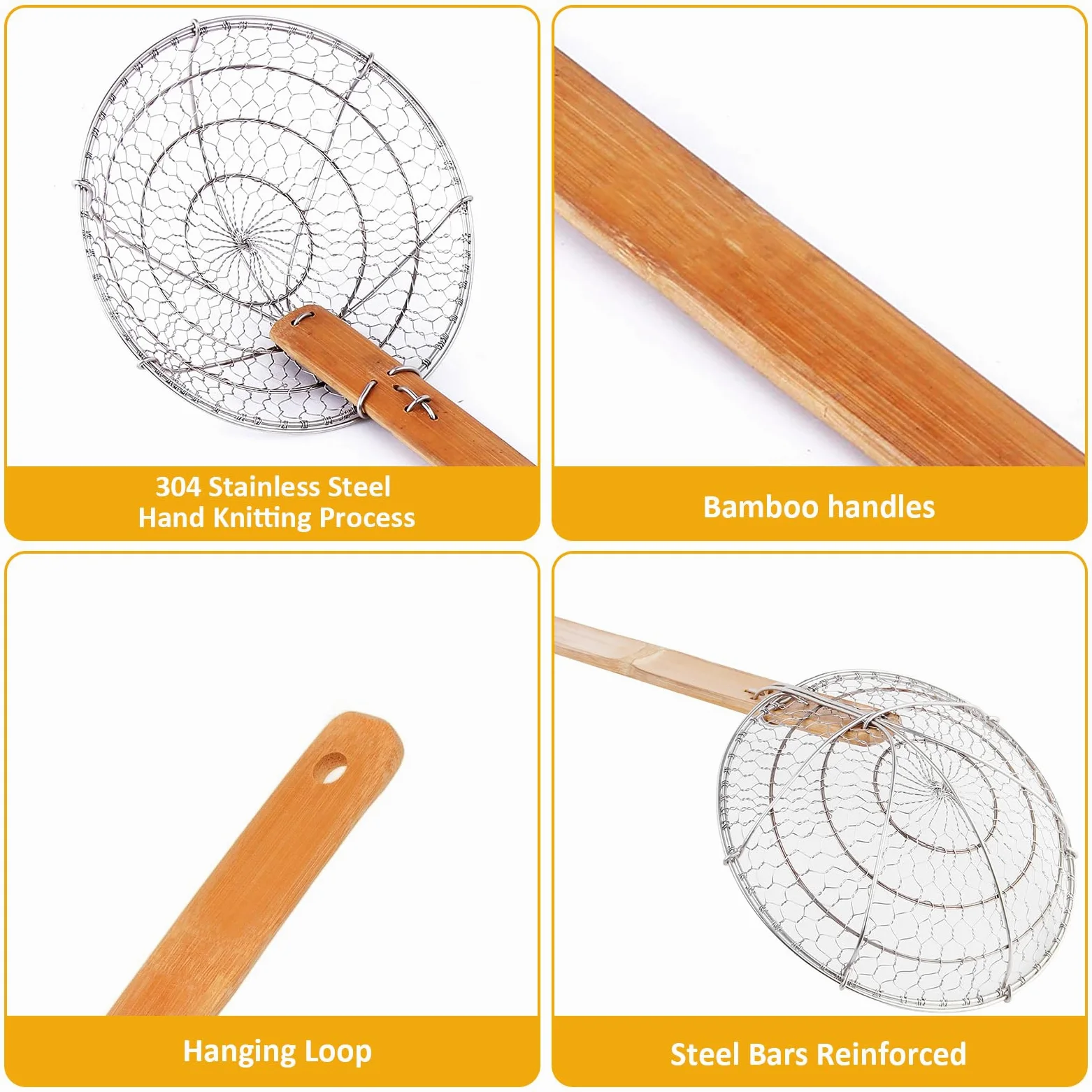Colador de araña de acero inoxidable asiático de alambre de cocina con mango de bambú natural, 6 pulgadas, hecho a mano