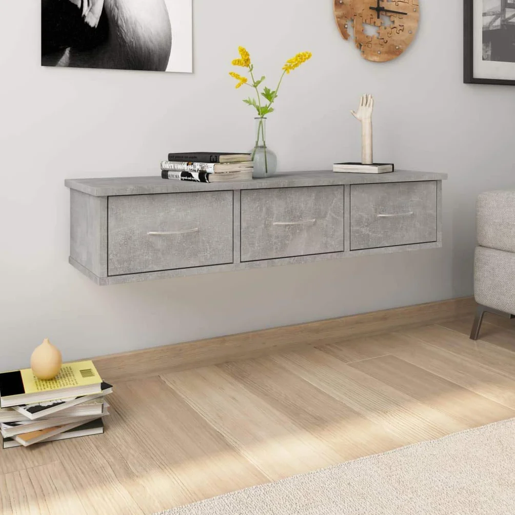 Estante con cajones Pared, Estanteria Trastero, Armarios para Trasteros, Estante para Recibidor, Armario Suspendido, aglomerado Gris hormigón 88x26x18,5cm