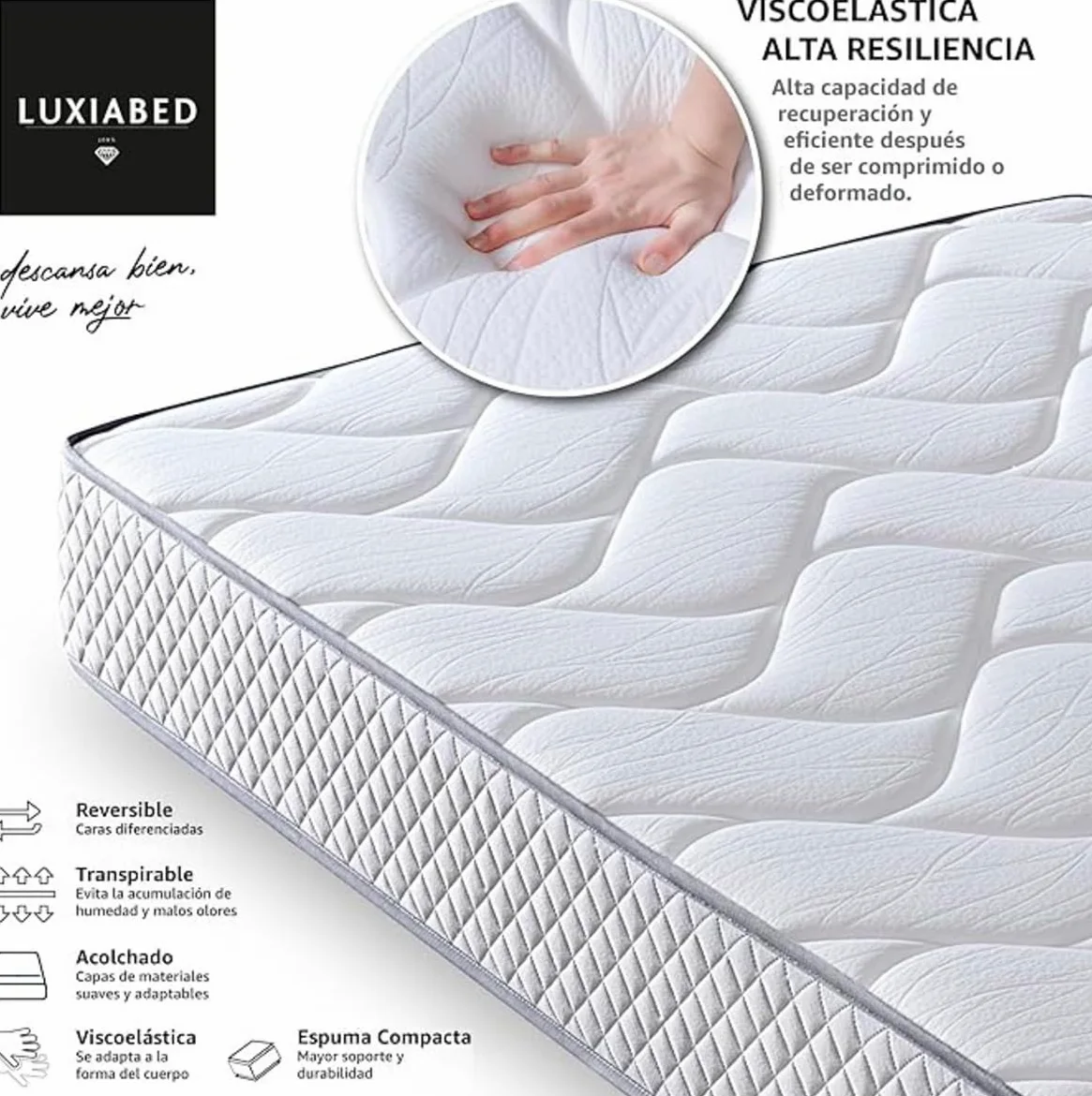 LUXIABED Colchón 150x190 Reversible de Matrimonio. Alto Confort. Transpirable, Antiácaros y Hipoalergénico. Viscoelastica Plus Adaptable. Confort + Firmeza Media Blanco. Modelo Genius Altura 30 cm