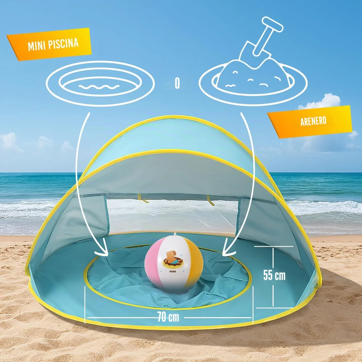 Chillife Tienda de Playa Pop Up para Bebés con Protección UV 50+ y Cortavientos, Diseño Globo Capybara