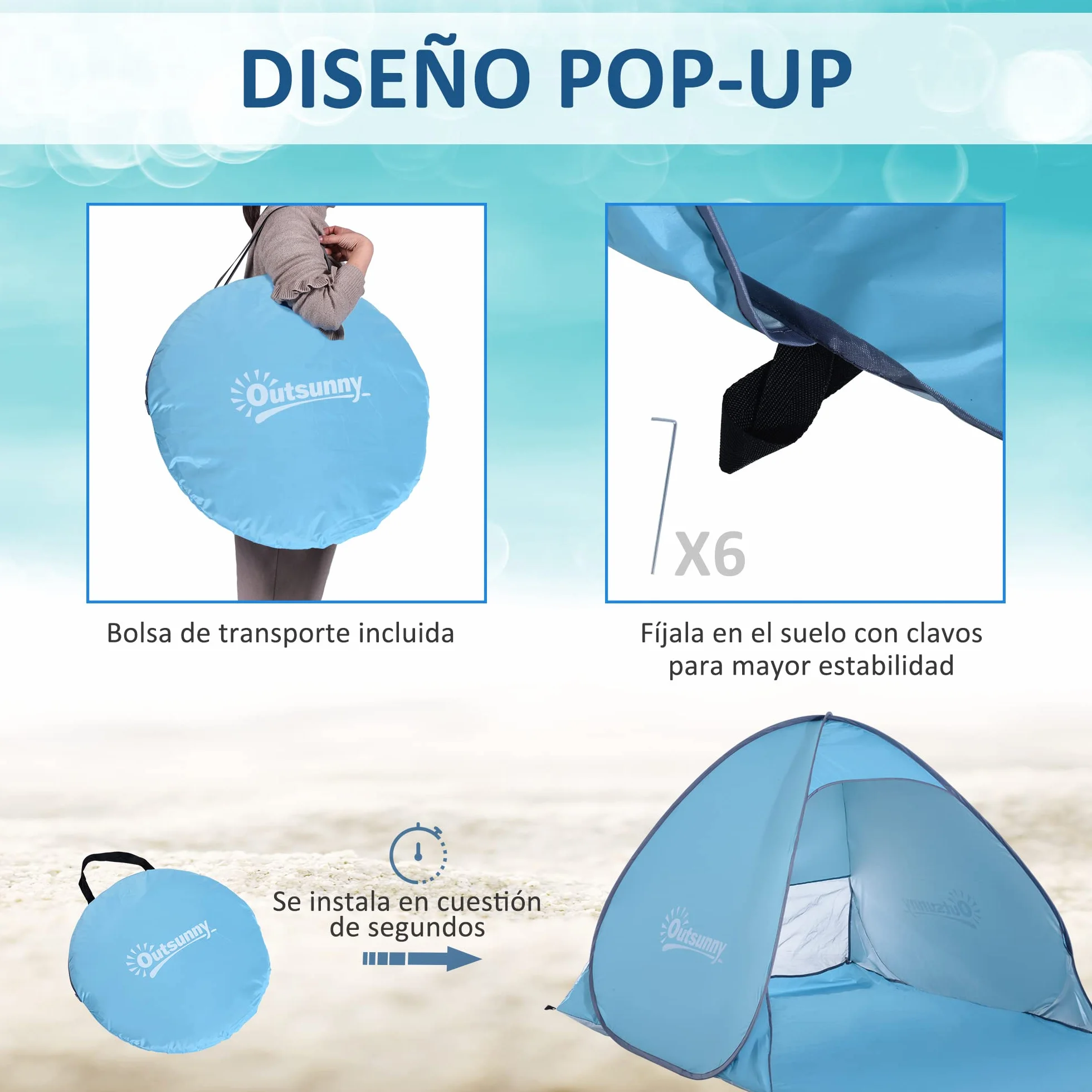 Outsunny Tienda de Playa Pop-Up para 2-3 Personas con Ventanas y Protección Solar UV Azul