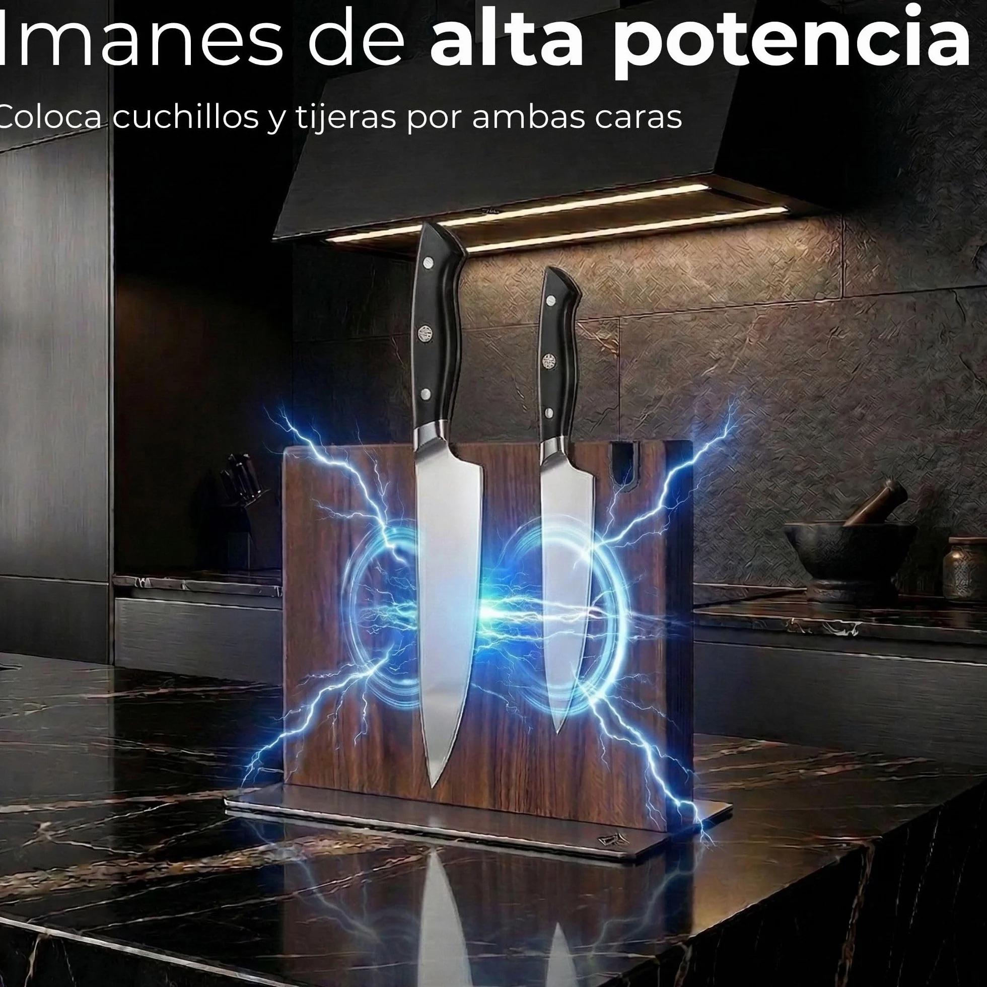 Soporte magnético cuchillos cocina XL con afilador integrado madera maciza Acacia
