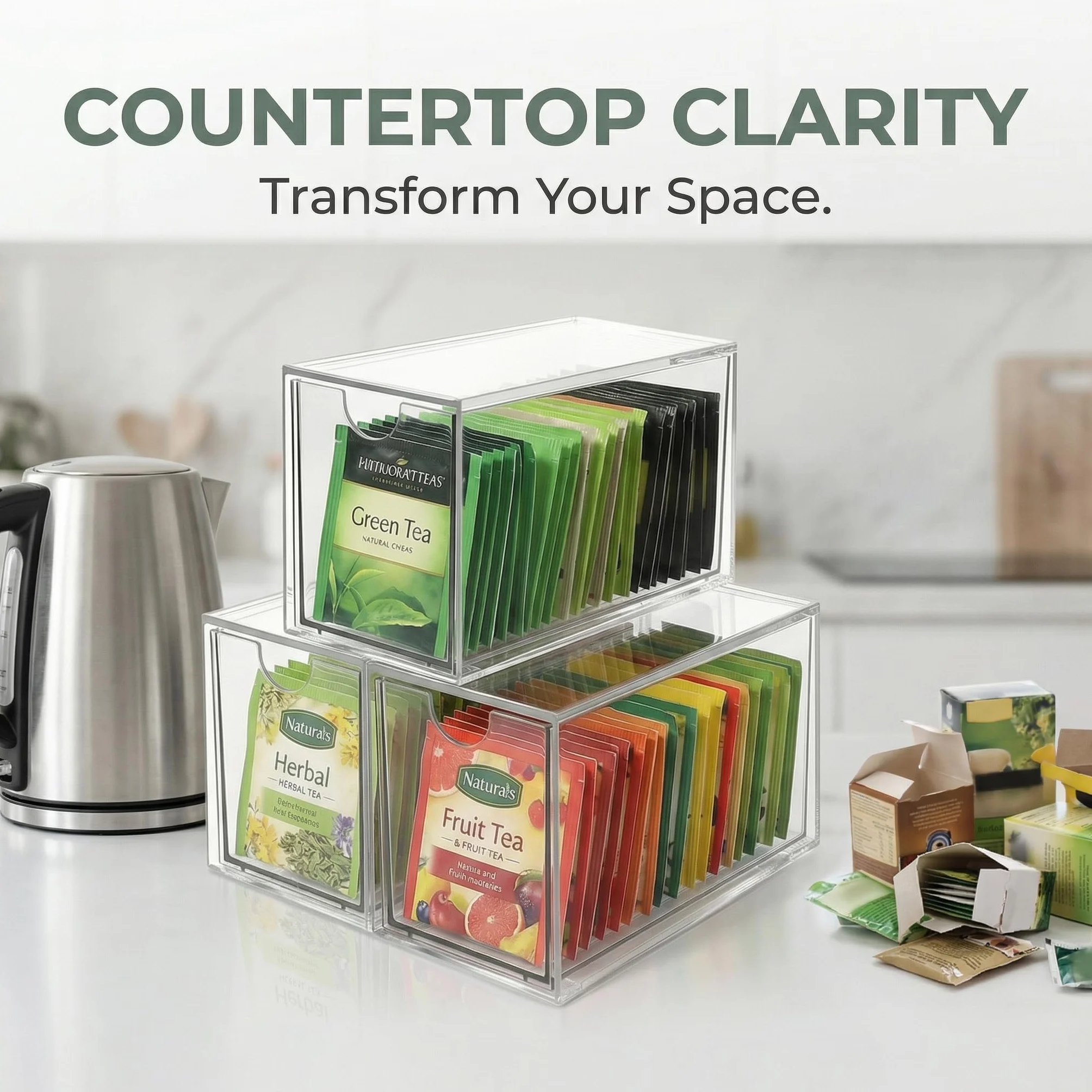Organizadores de Bolsas de Té, Caja Té con 3 Cajones de Plástico Caja Infusiones Organizador Infusiones de Acrílico Transparente Caja de Te Infusiones para Bolsas de Té, Cápsulas de Café