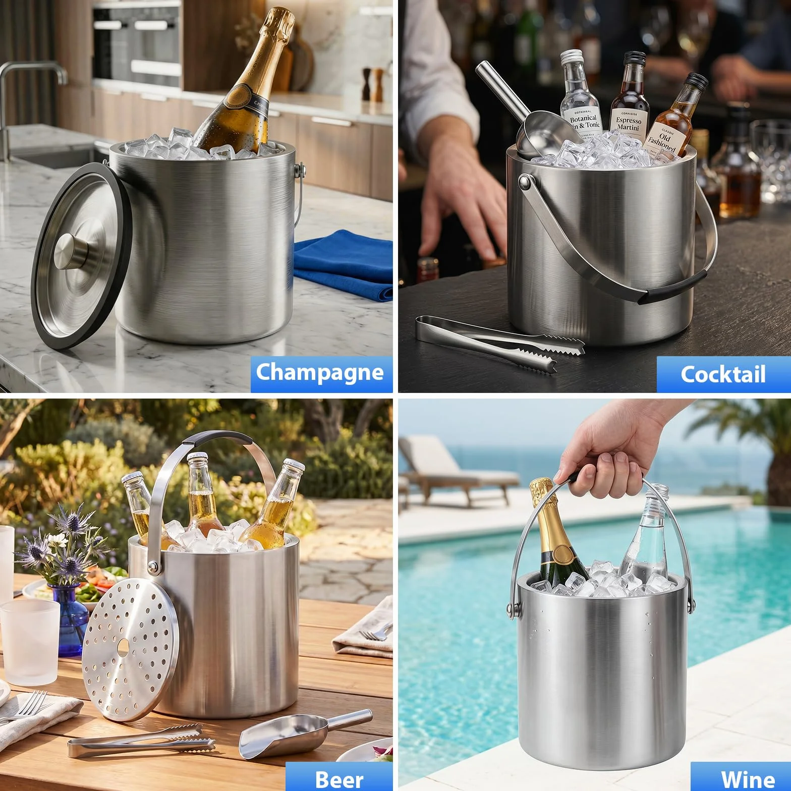 3L Cubitera de Acero Inoxidable, Cubo de Hielo con Tapa, Cuchara, Filtro y Clip Cubitera Aislado de Doble Pared Portátil Contenedores de Hielo para Fiestas, Restaurantes, Picnics, Vino