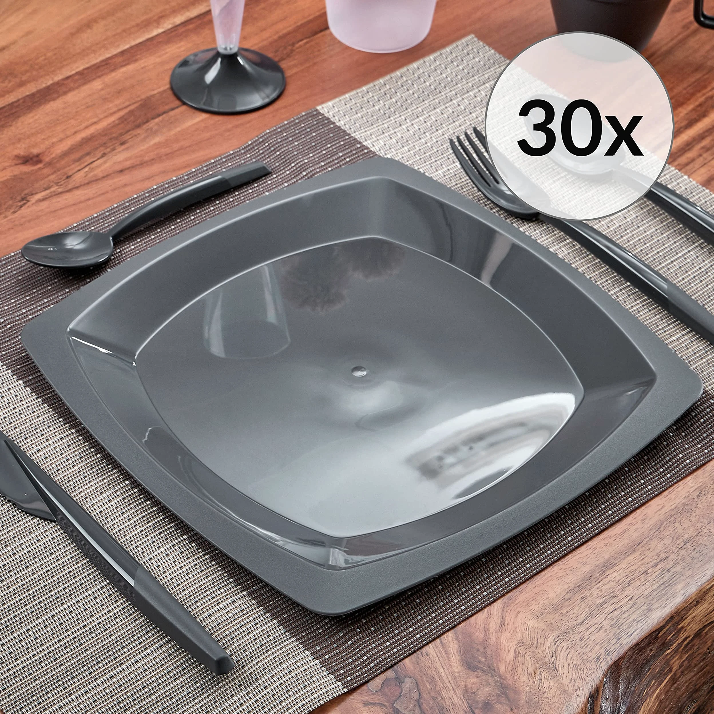 Grizzly vajilla plastico duro reutilizables I Set de 30 platos vajilla I Aptos para lavavajillas I Inastillables I Estables I 100% reciclables I camping accesorios antracita