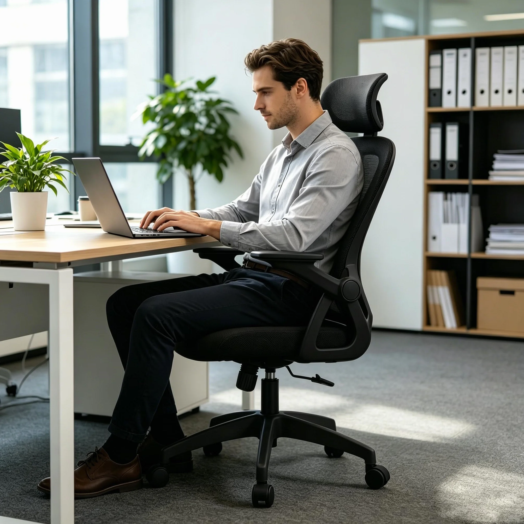 Silla de Oficina Ergonómica con Respaldo de Malla Transpirable, Soporte Lumbar y Altura Ajustable, Silla Escritorio Giratoria con Ruedas 360° (Cabecera y Brazos abatibles Negro)