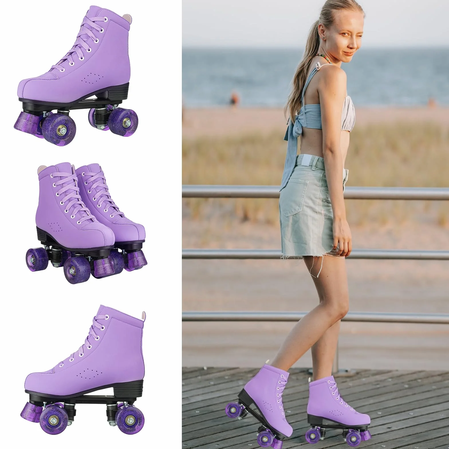 XUDREZ Women Roller Skates High Top Double Row Shiny Roller Derby Four Wheel PU Classic Skates for Girl Beginner