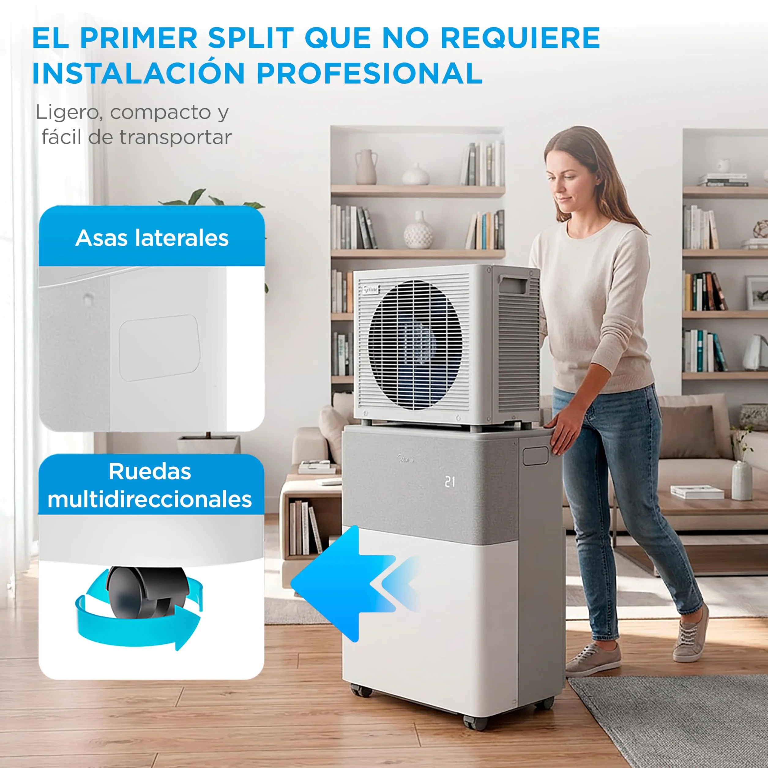 Midea Portasplit Aire Acondicionado Portatil 4 en 1 | 3000 frigorías / 12000 BTU | Split sin Obra de Bajo Consumo con modo Silence, App/Wifi, Deshumidificador, Calefacción y Ventilador hasta 45 m2