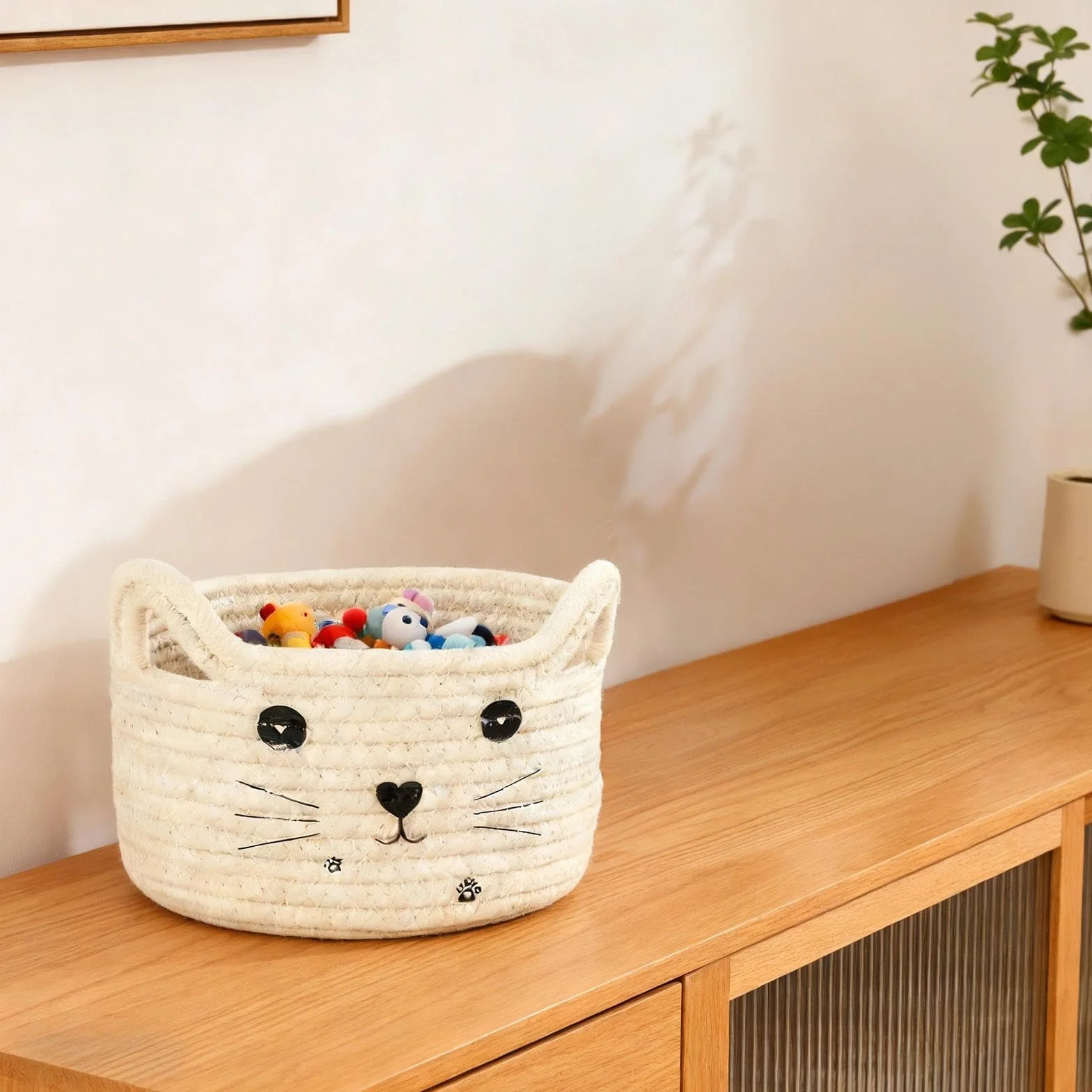 Cestas Almacenaje Pequeña Forma de Gato Cajas Organizadoras Baño 21cm Blanca Storage Basket