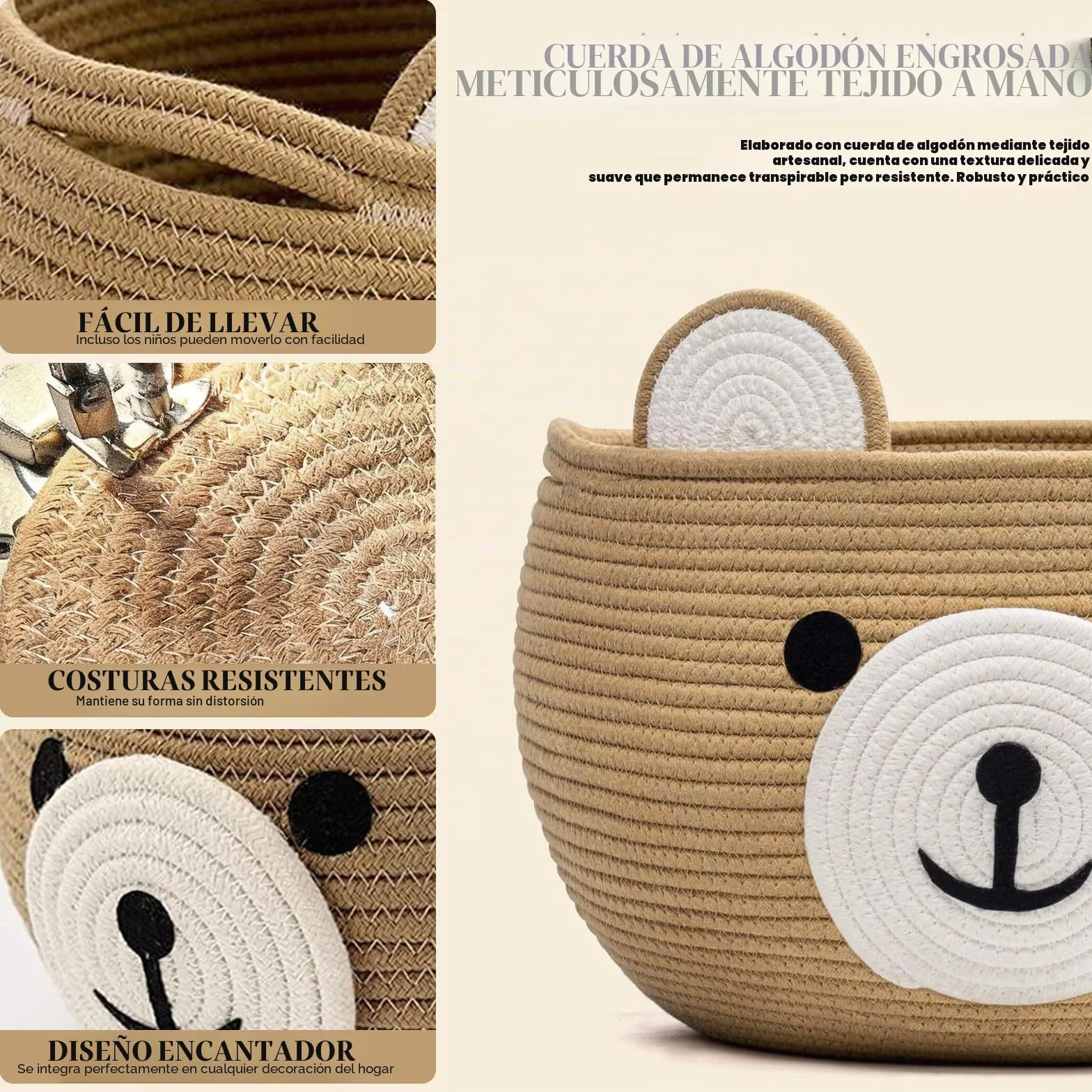 Cesta de almacenaje para niños con forma de oso cuerda de algodón organizador suave habitación infantil