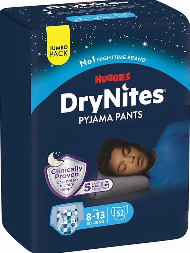 Huggies DryNites Pañales de Noche Niño 8-13 (30-48 kg) 5 Capas Protección Nocturna 52 Calzoncillos