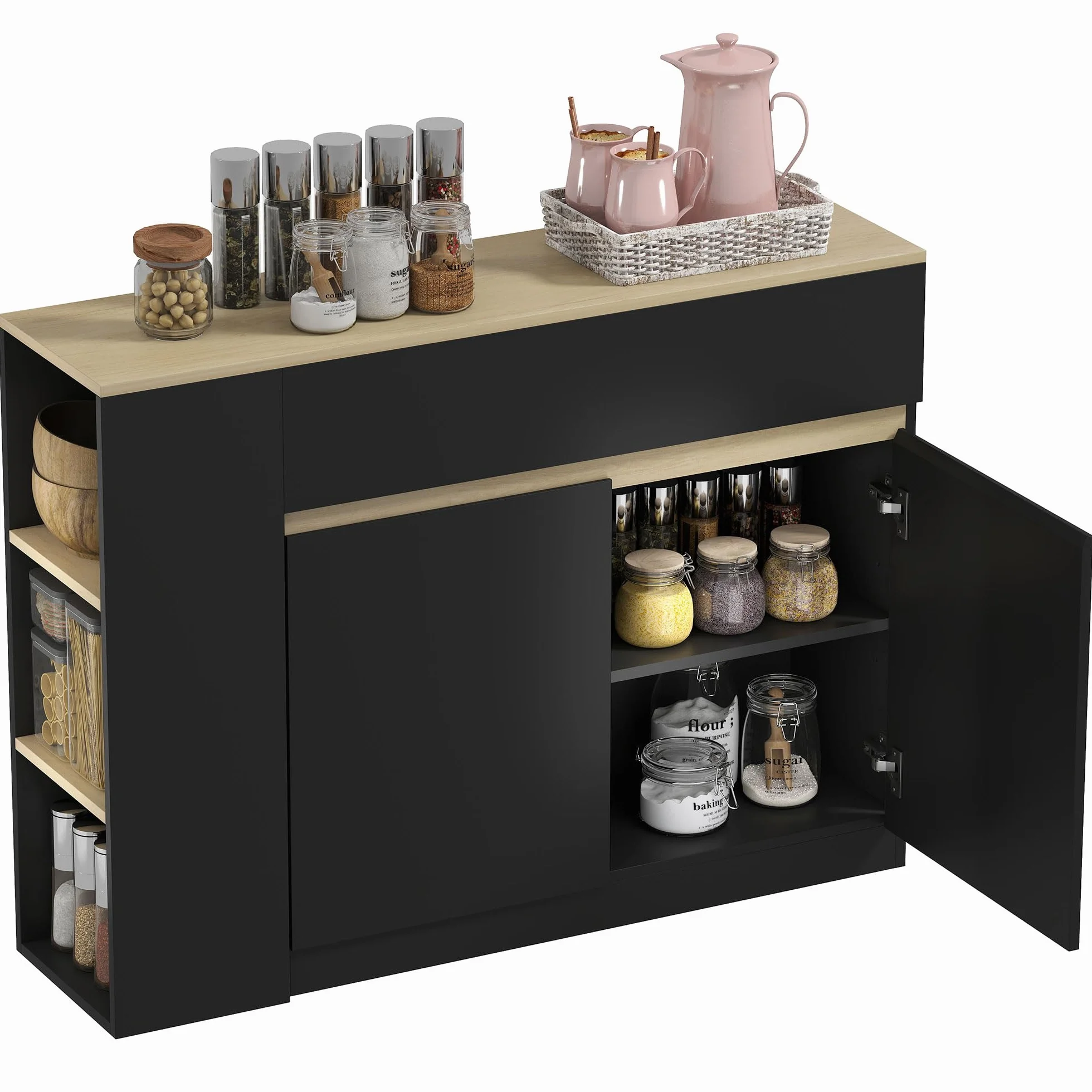 HOMCOM Aparador de Cocina, Armario de Cocina Estrech con 2 Cajones, 3 Estantes Abiertos, 2 Puertas, Estante Ajustable, Aparador Nórdico para Comedor, 110x29,5x82 cm, Negro