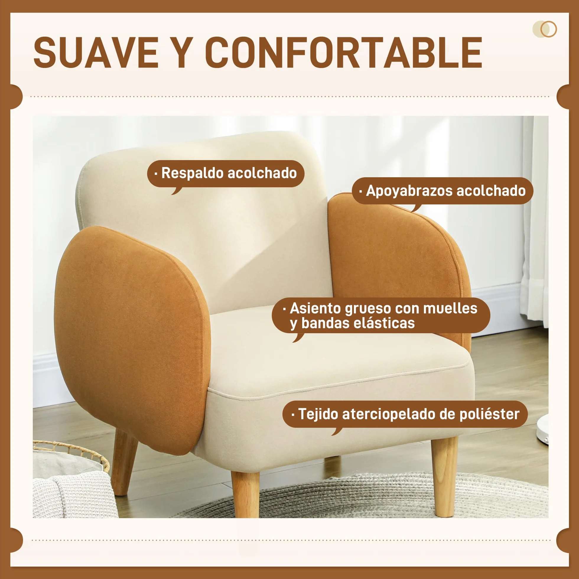 HOMCOM Sillón de Salón Nórdico Butaca para Dormitorio con Reposabrazos y Patas de Madera Sofá Individual Carga 120 kg para Oficina Sala de Estar Beige y Ocre