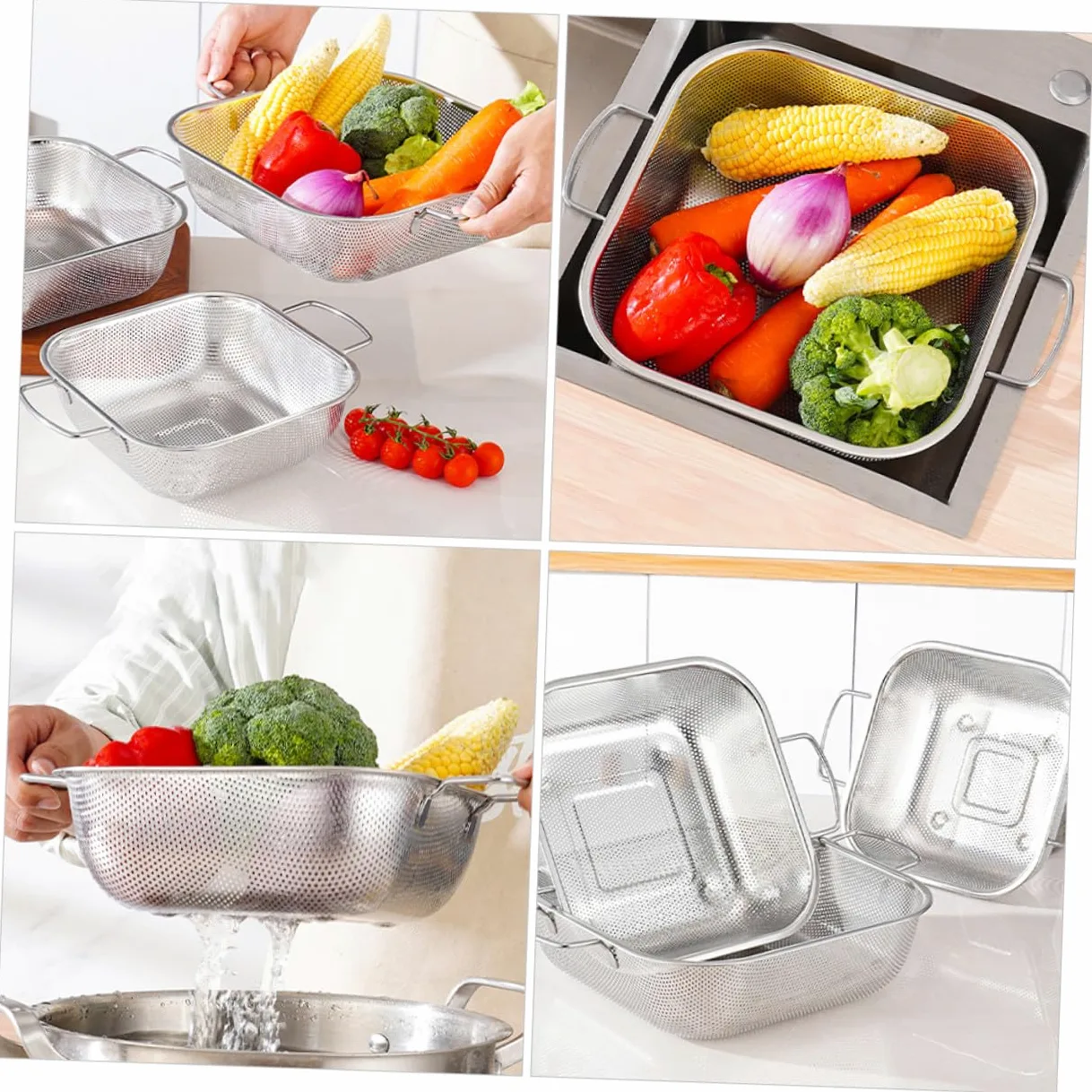 Colador de Acero Inoxidable con Asas Dobles, 1 Pieza, Plata | Gran Capacidad, Drenaje y Filtrado de Agua, Formato Cuadrado para Lavado de Frutas y Verduras