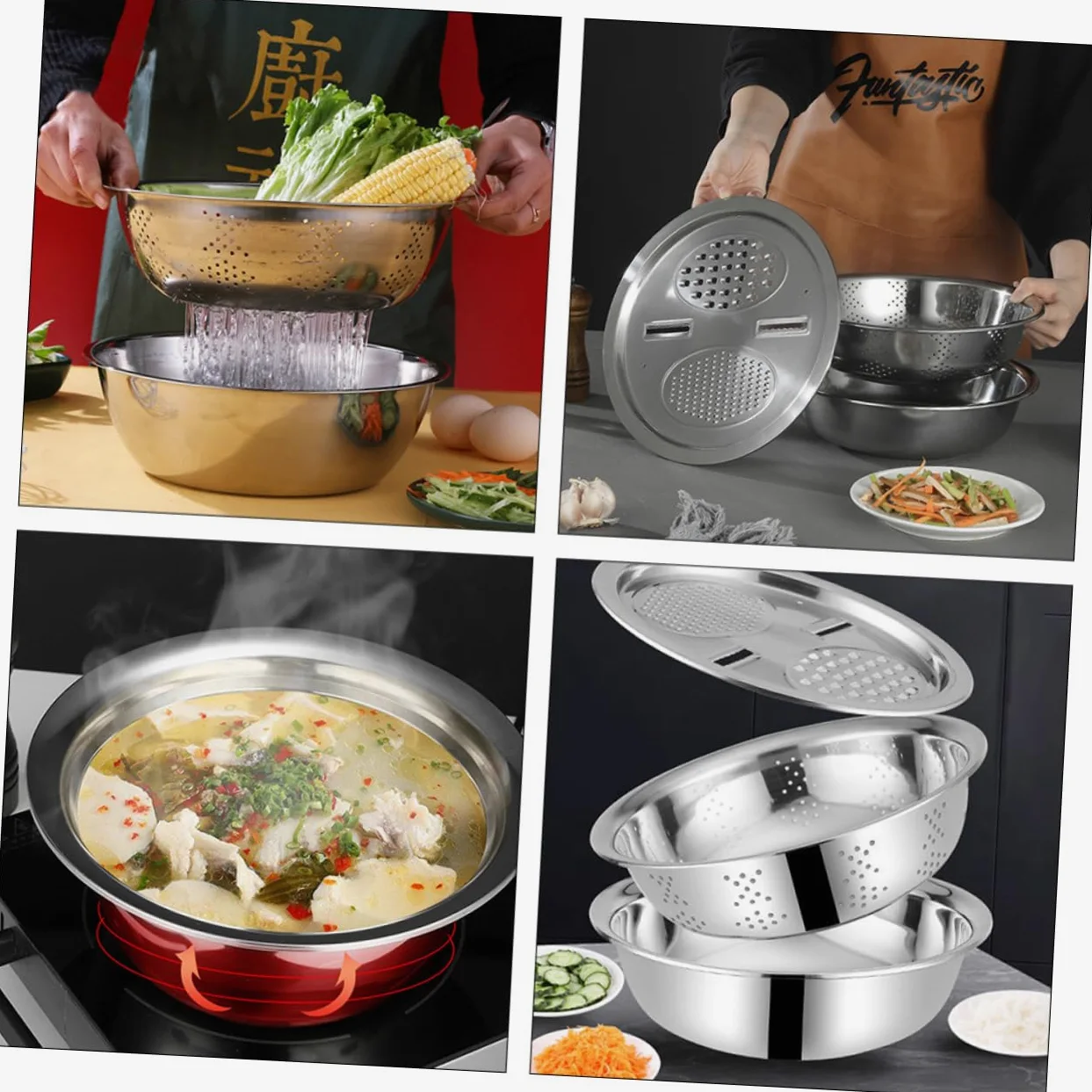 Colador Varios estilos Diseño de Drenaje Acero Inoxidable 3 Piezas de Apto para Lavar Frutas y Amasar Masa, Utensilio Multifuncional para Cocina para Uso Diario