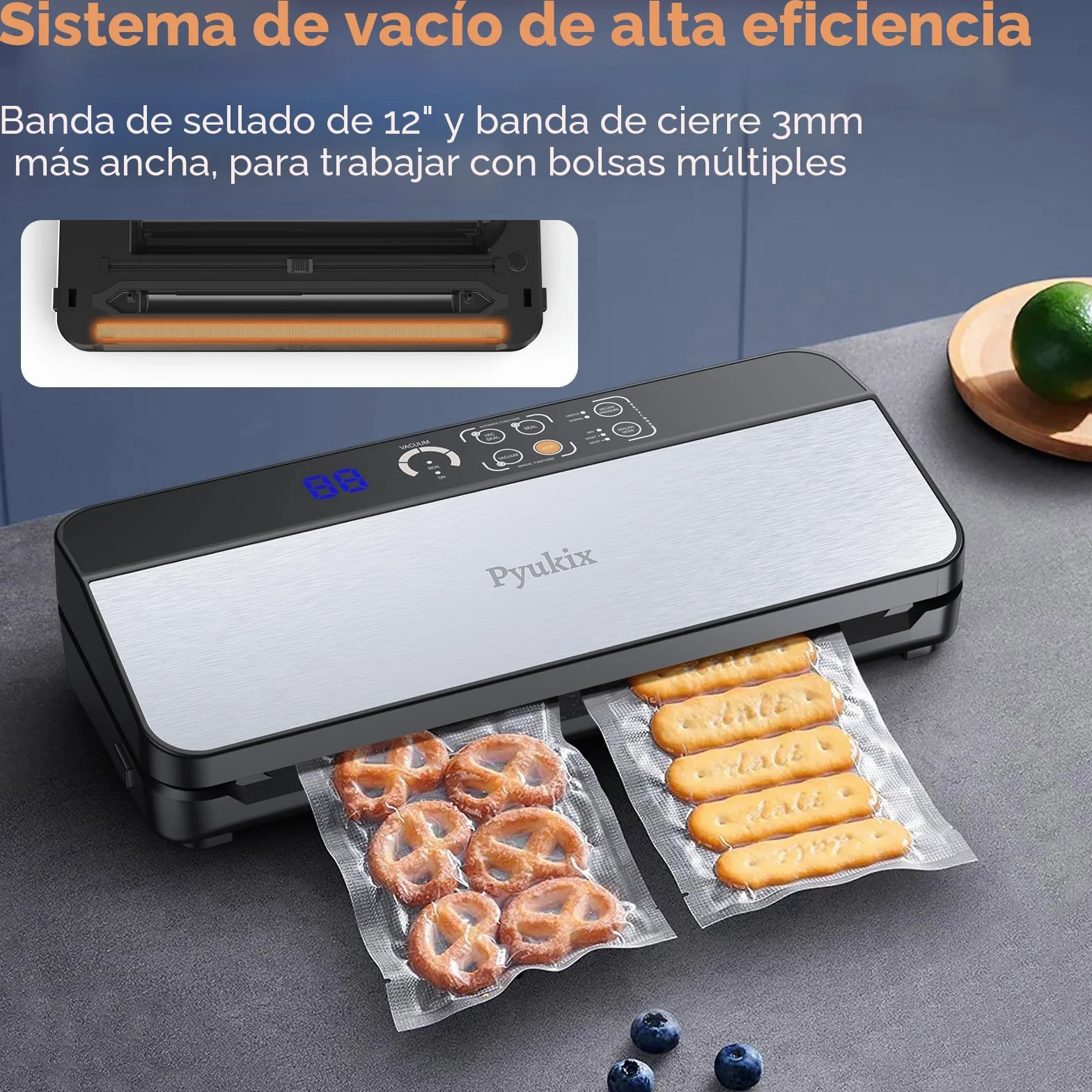 Envasadora al Vacio, 80KPA Domestica 8-EN-1 Maquina Envasar al Vacío Profesional Modos de Alimentos Seco y húmedos, 2 con bolsa enrollable 11 bolsas de vacío y cortador integrad
