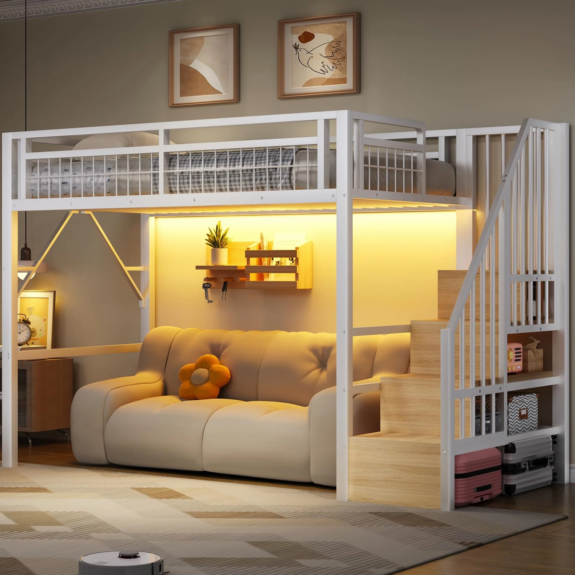 Lubvtti Cama alta de metal 90 x 200 cm con luz LED, cama individual tipo loft, espacio utilizable debajo de la cama, escalera de seguridad con espacio de almacenamiento, blanco (colchón no incluido)