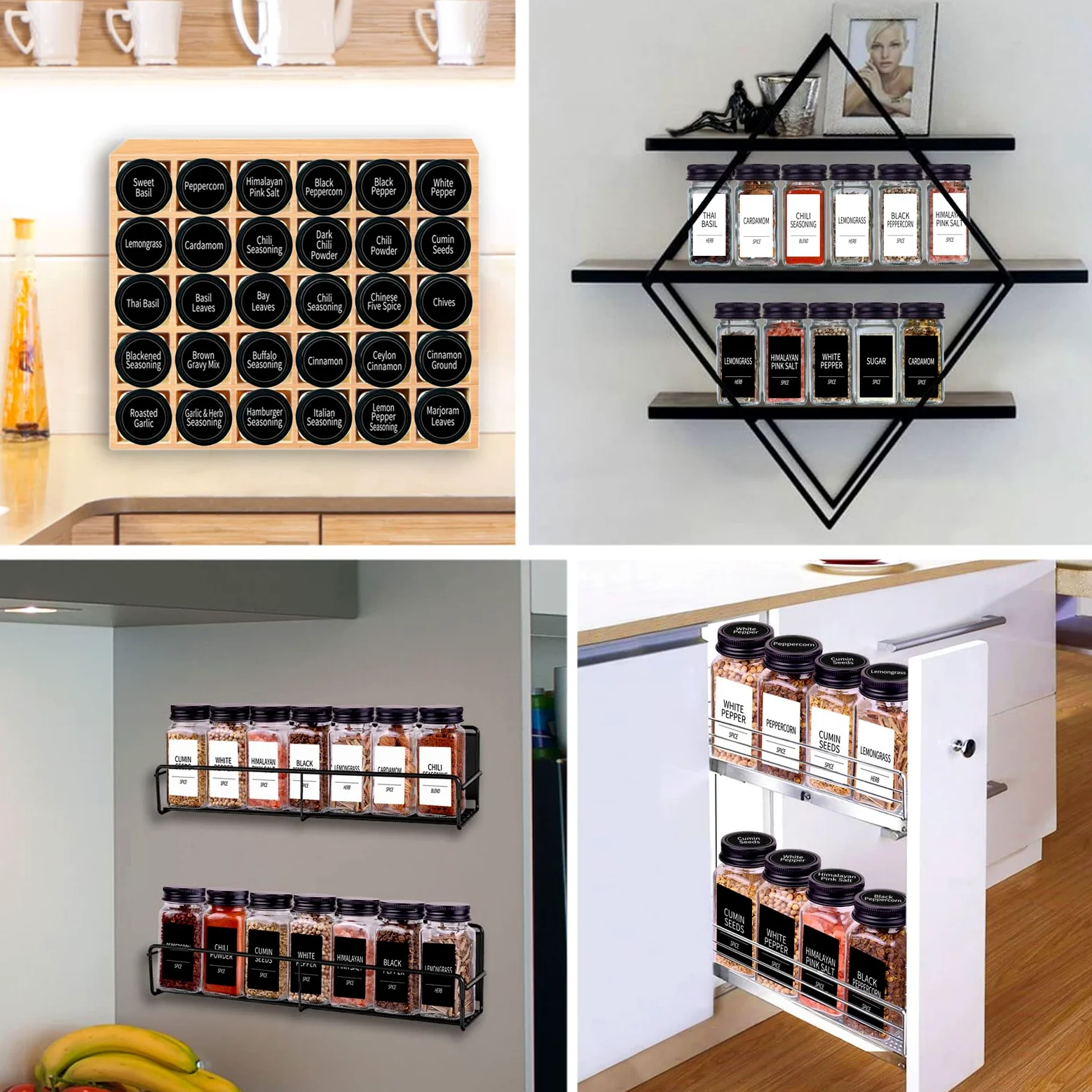 48 tarros de especias con 547 etiquetas: tarros de especias de vidrio con tapas de metal negro, recipientes vacíos de especias de 4 onzas con tapas de coctelera, embudo, bolígrafo de tiza, botellas de