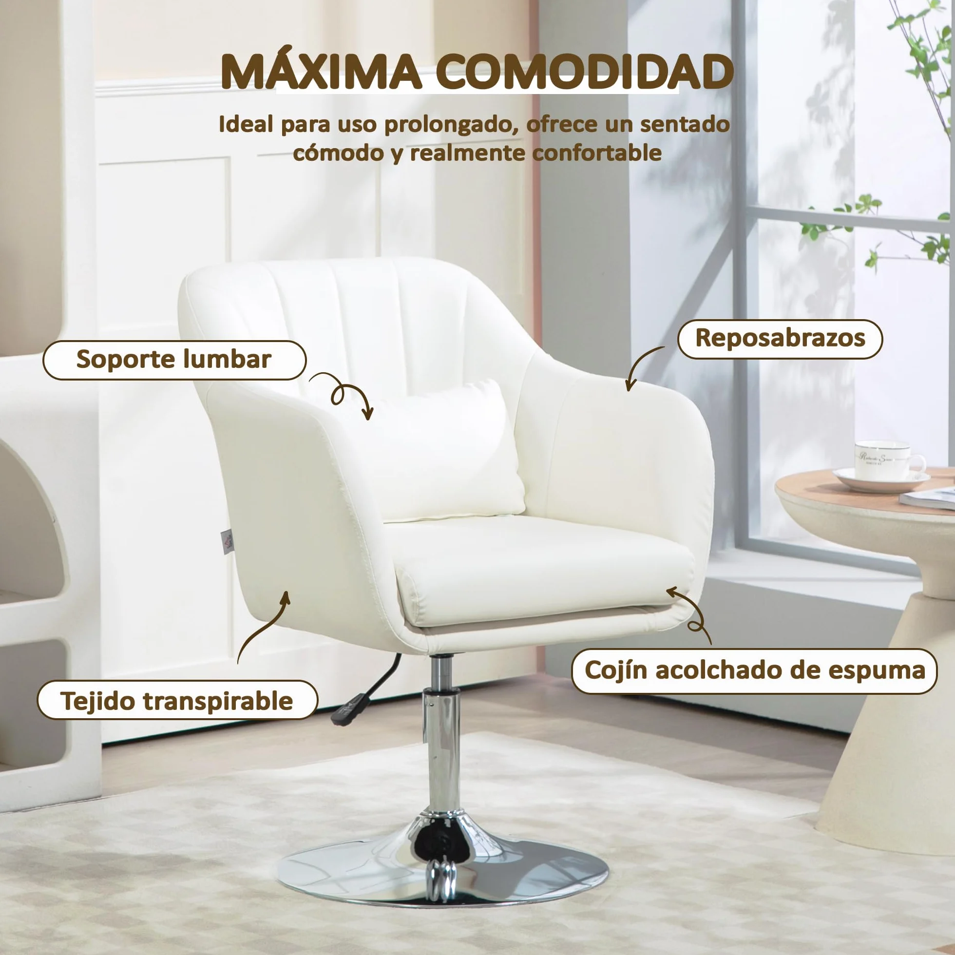 HOMCOM Butaca de Dormitorio Moderna Giratoria Tapizada en PU Con Altura Ajustable, Reposabrazos y Cojín Para Salón y Sala de Estar - Blanco