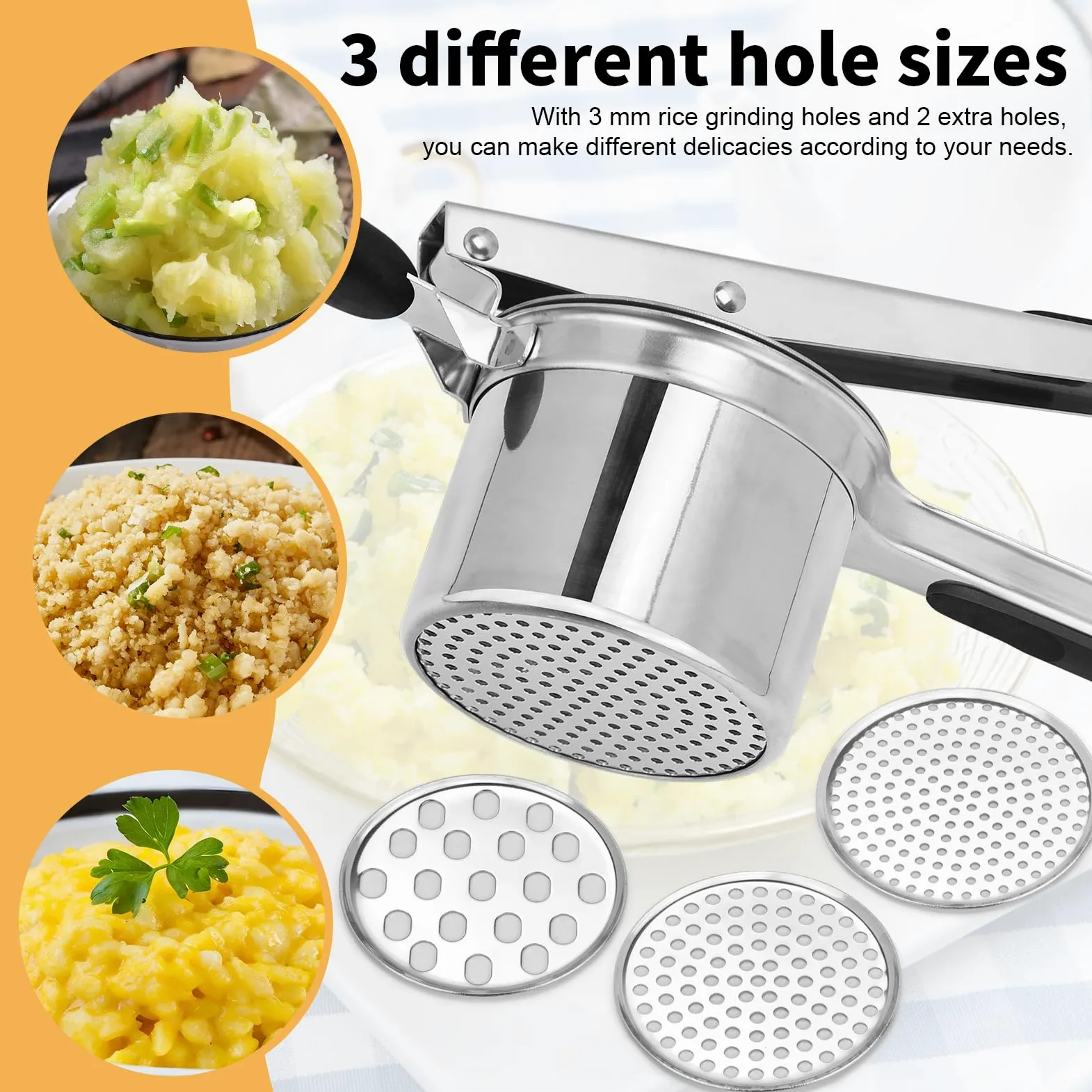 Prensador de patatas grande de 15 onzas con 3 discos intercambiables, de acero inoxidable resistente para puré de patatas, herramienta de cocina con mango ergonómico, máquina de spaetzle