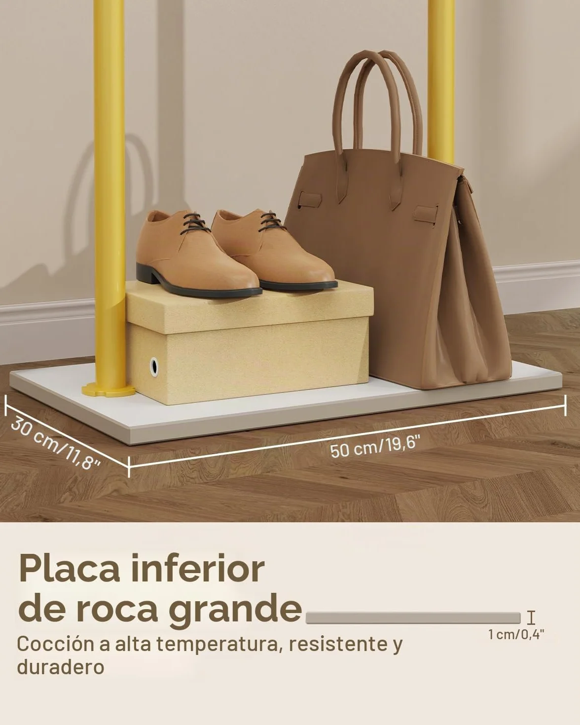 Perchero de Pie, Metal Perchas Independientes, 50x30x175 cm, Golden | Gran Colgador de Ropa Moderno Resistente con Placa Inferior de Roca Gruesa y 2 Ganchos, para Oficina, Dormitorio