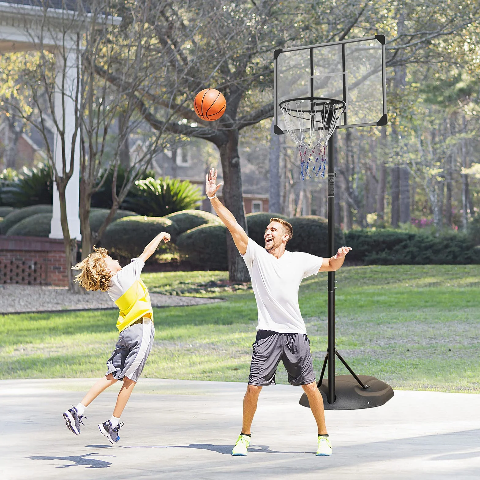 Sistema de aro de baloncesto portátil de altura ajustable 7-9 pies tablero transparente 32 pulgadas ruedas interiores exteriores 230-280 cm
