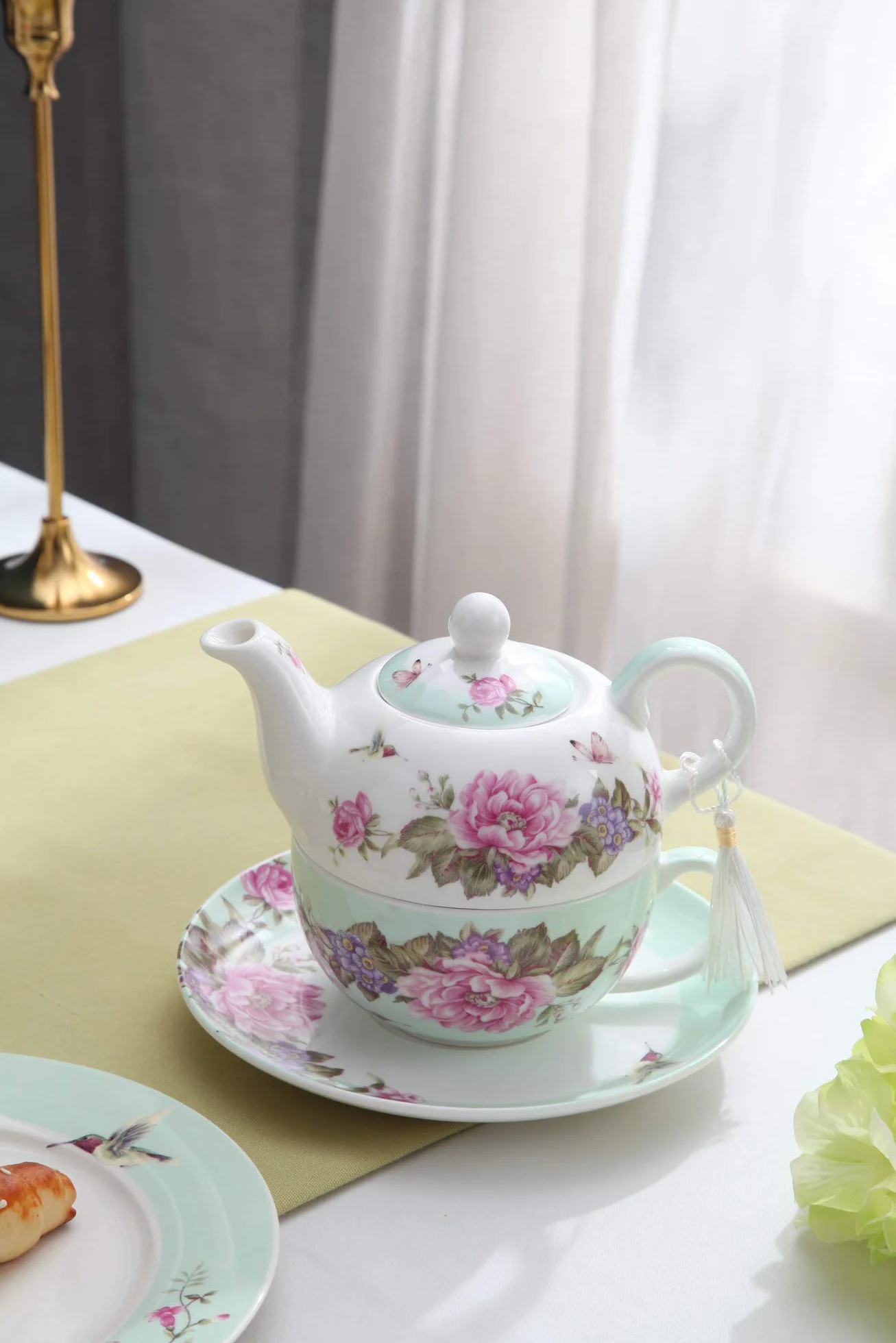 Tea for One - Juego de Tetera, diseño de Flores y Mariposas, Color Verde Azulado