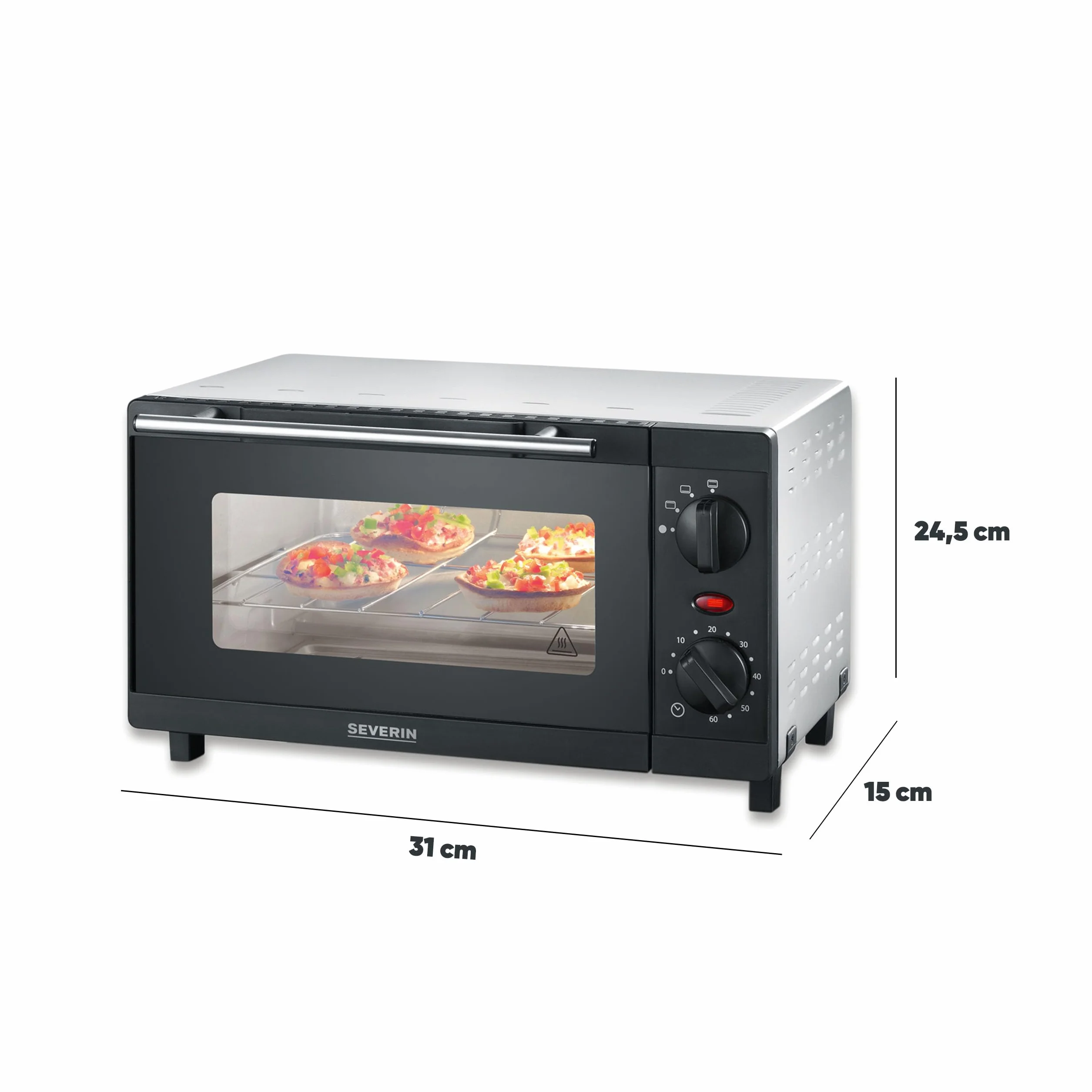 SEVERIN Mini horno tostador, horno compacto de sobremesa con grill, horno pequeño con bandeja y temporizador de 60 minutos, 800 W, 9 L, negro, TO 2052