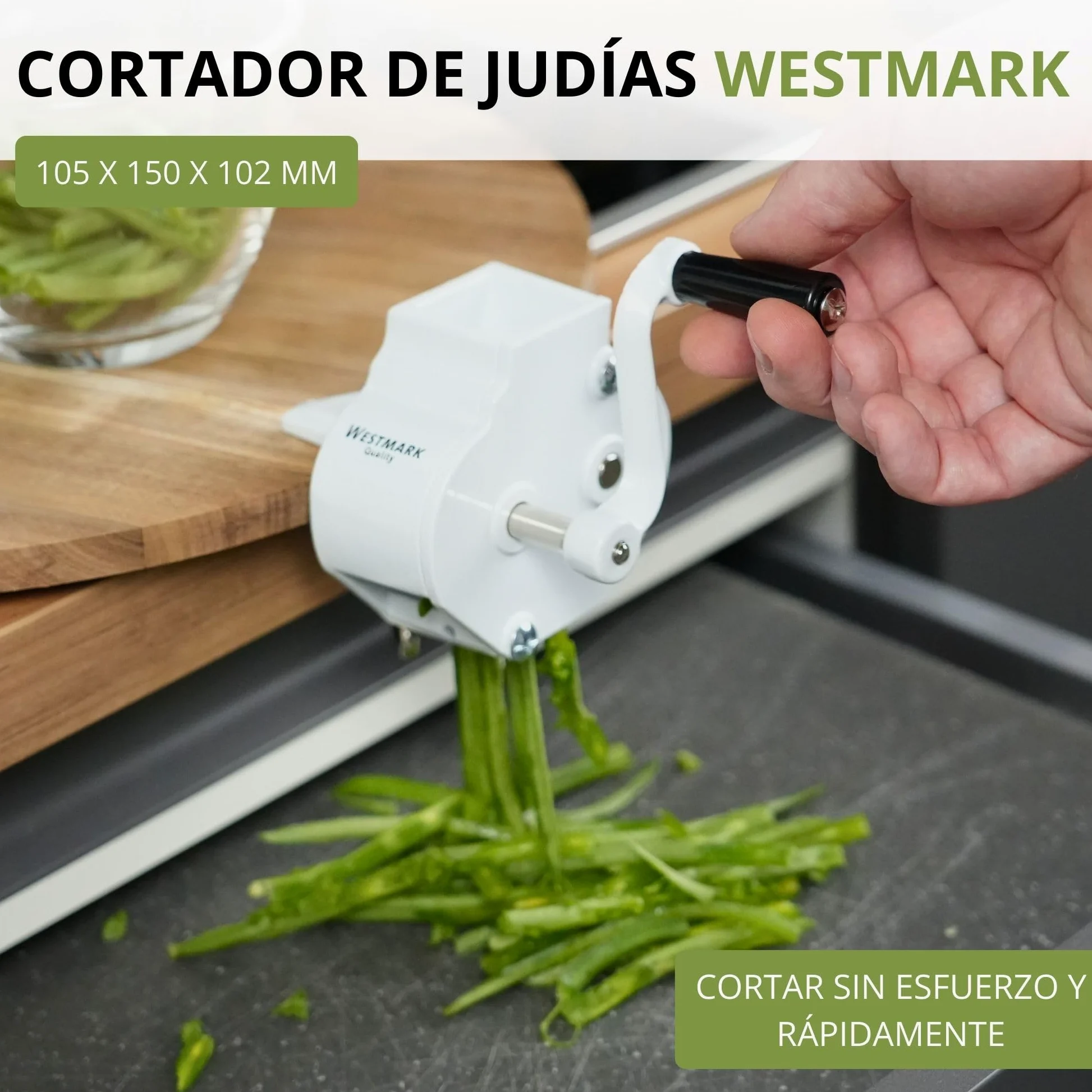 Westmark Mandolina para judías con gran abertura de corte y abrazadera de tornillo para el montaje en la mesa, Cuchillas de acero inoxidable/carcasa de acero, Blanco, 11862260