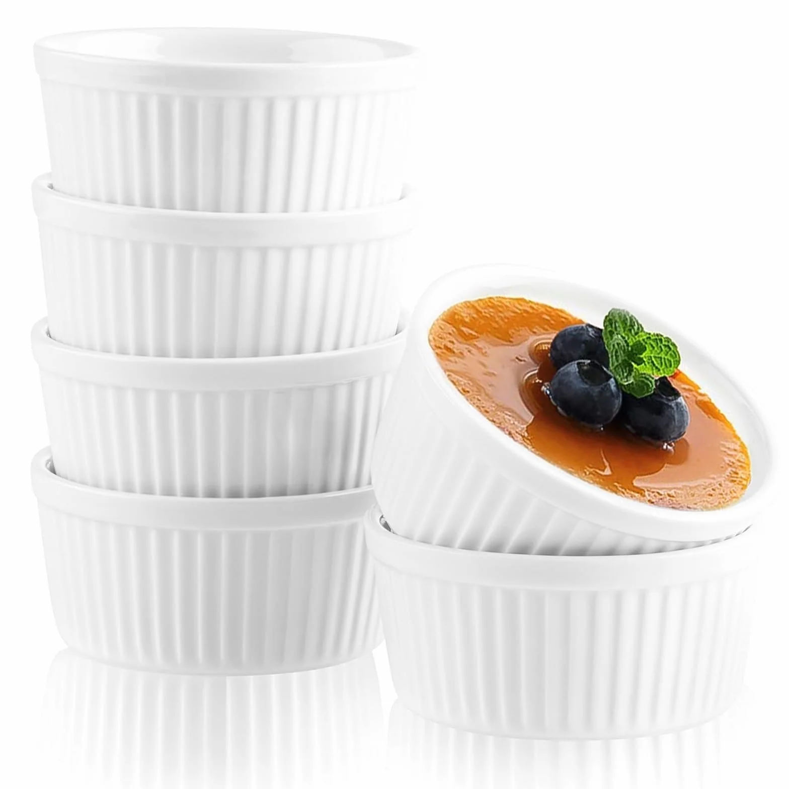 Woobroo Juego de 6 Ramequines de Cerámica para Horno | Para Postres Soufflé, Flan y Crème Brûlée | 9cm 200ml | Blancos | Flaneras Individuales