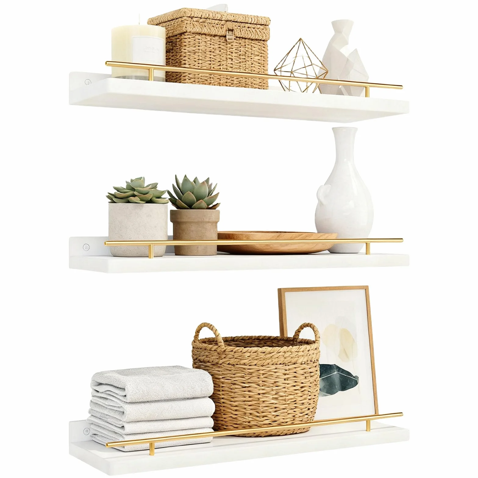3PCS Estantes Flotantes de Madera 40x15cm, Baldas Flotantes Blancas para Pared, Estanterías de Madera para Pared, Estantes Colgantes dePared para Dormitorio, Cocina, Oficina o Sala de Estar