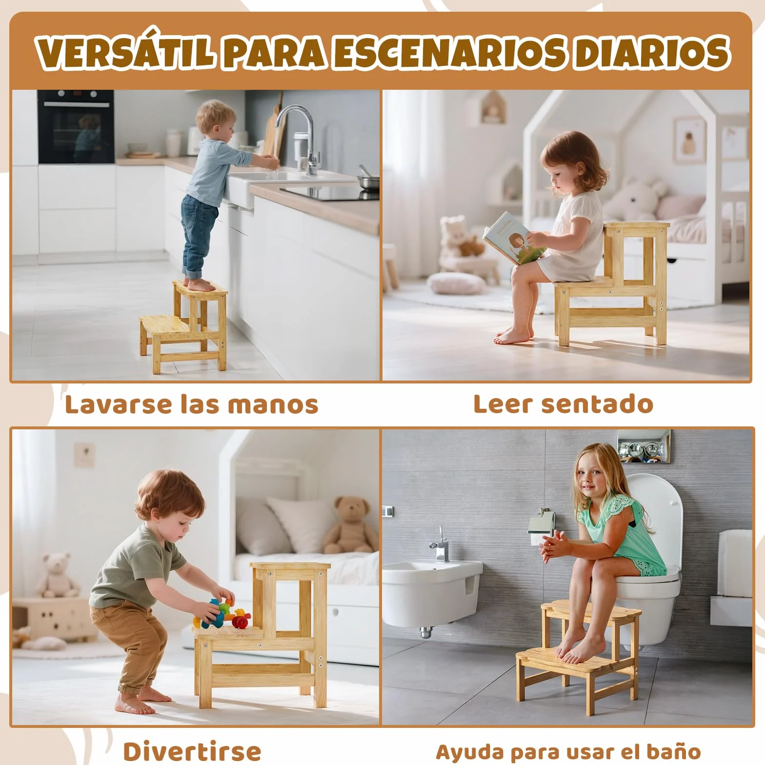 COSYLAND Taburete de Niños 2 Peldaños Escalón Infantil 18 Meses Natural