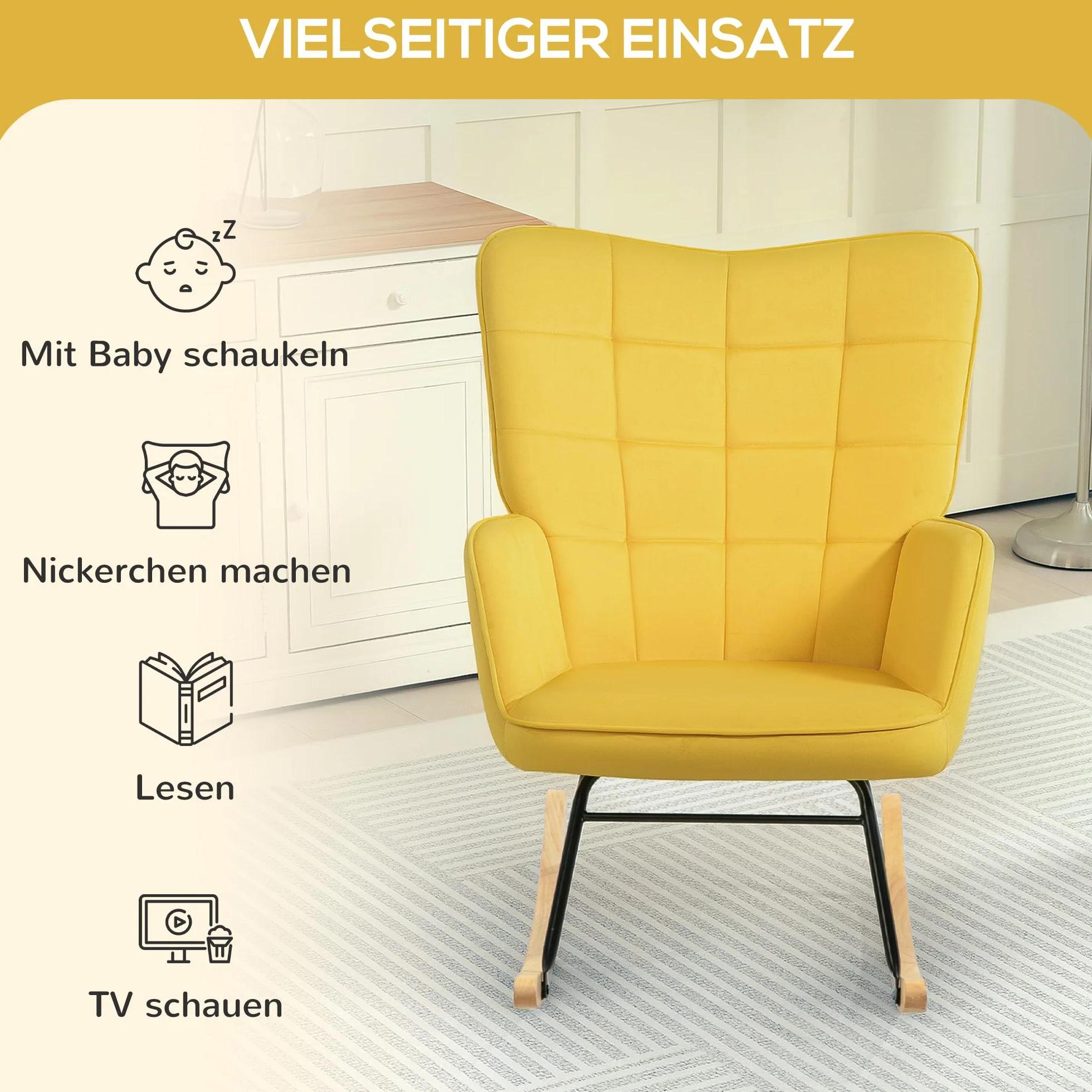 HOMCOM Sillón balancín tapizado de terciopelo estructura acero patas madera maciza amarillo