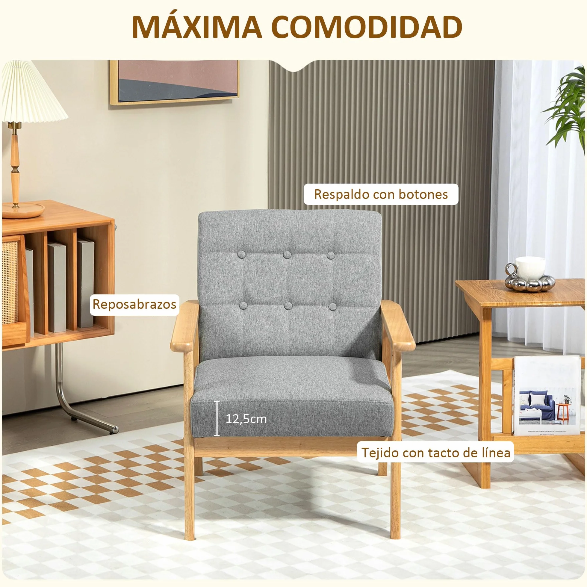 HOMCOM Sillón Individual Sofá Individual Tapizado en Lino con Reposabrazos de Madera Respaldo Acolchado Carga 130 kg Sillón para Salón Dormitorio Gris Claro