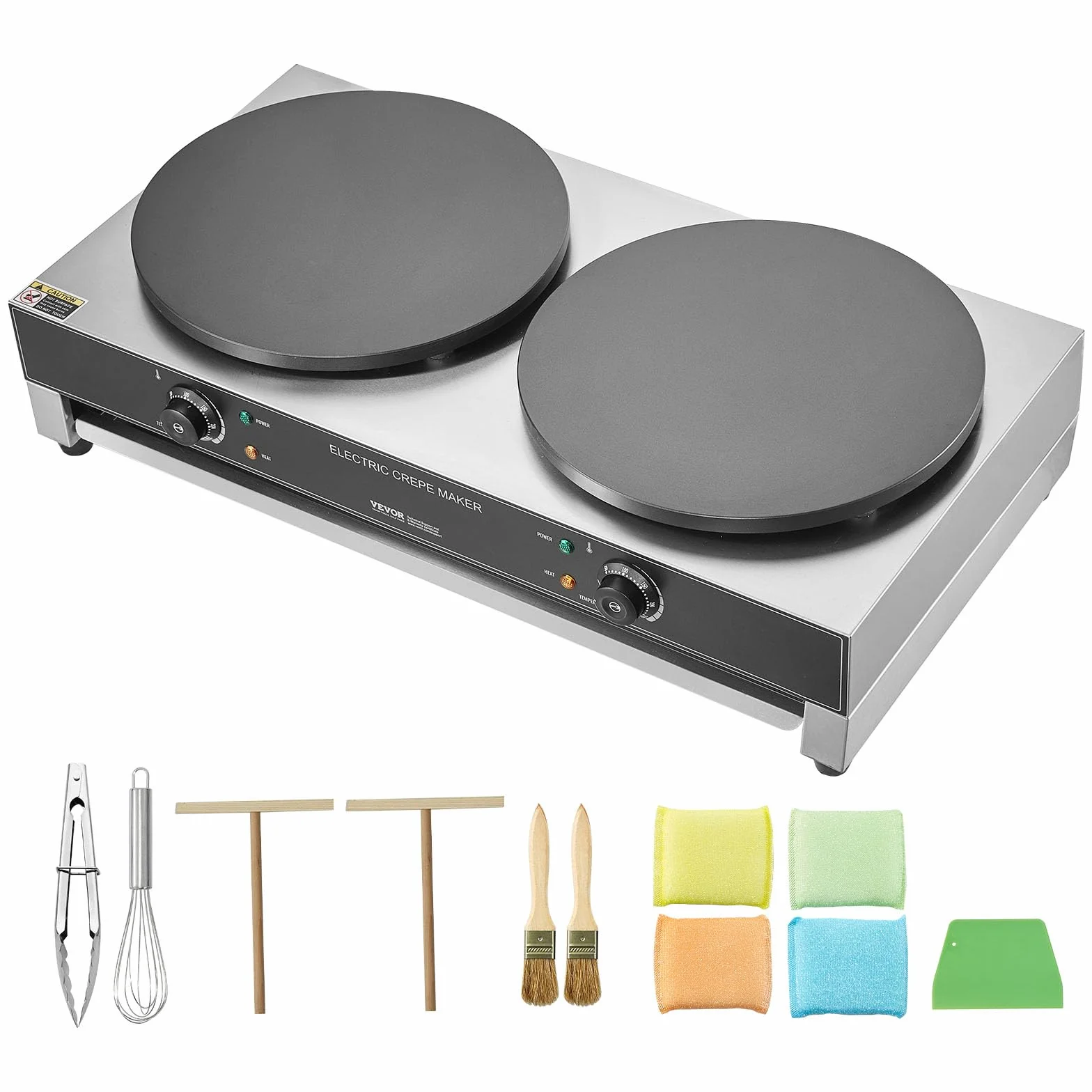 VEVOR Máquina de Crepes Comercial de Doble Cabezal de Placa Plana 6000 W, Antiadherente, Acero Inoxidable, Estufa Circular de Escritorio Panqueques y Cereales, Control Temperatura, (Sin Enchufe)