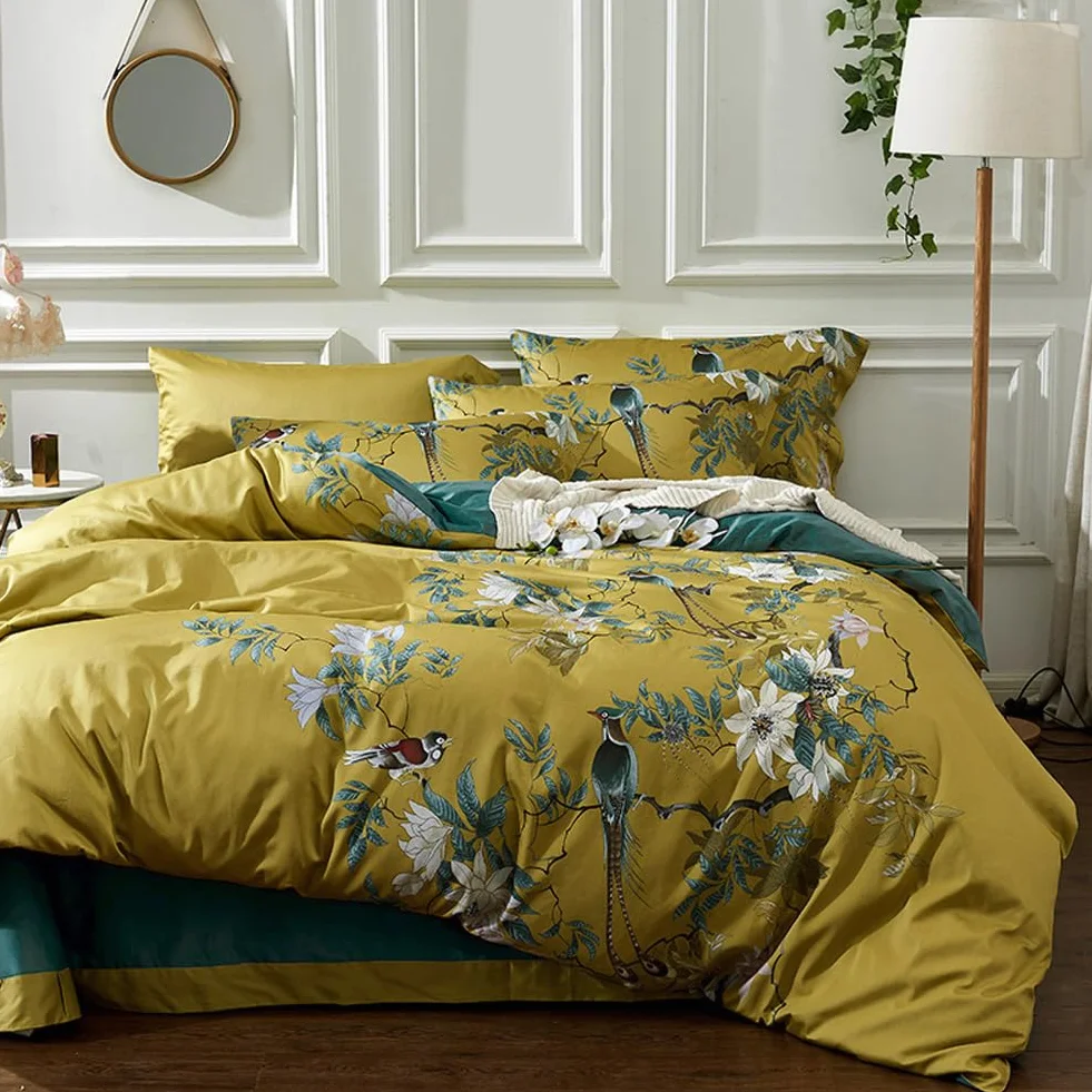 mixinni Juego de Cama de algodón con Estampado Floral y pájaros, Color Dorado, Reversible, Color Azul Pavo Real, Juego de Cama de 3 Piezas con Cremallera